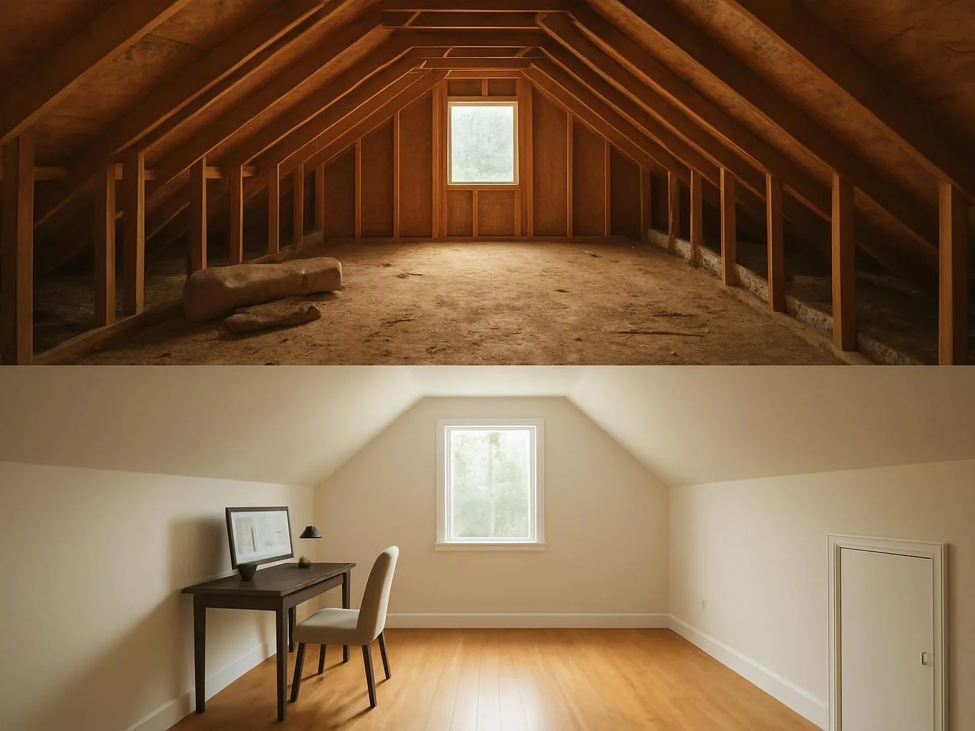 A split view shows an unfinished attic above and a clean finished attic office below