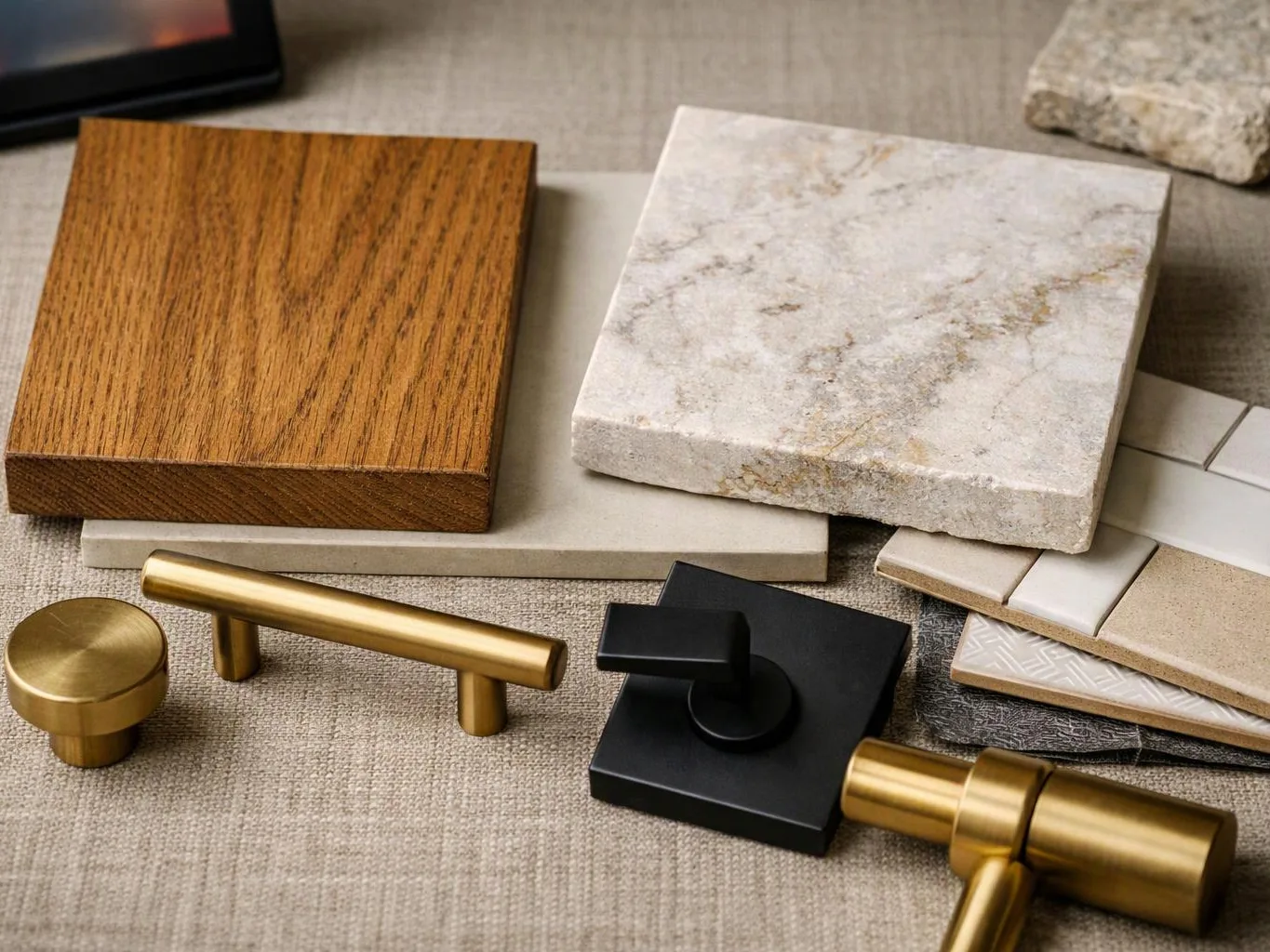Square material samples and metal handles are arranged on a textured fabric surface