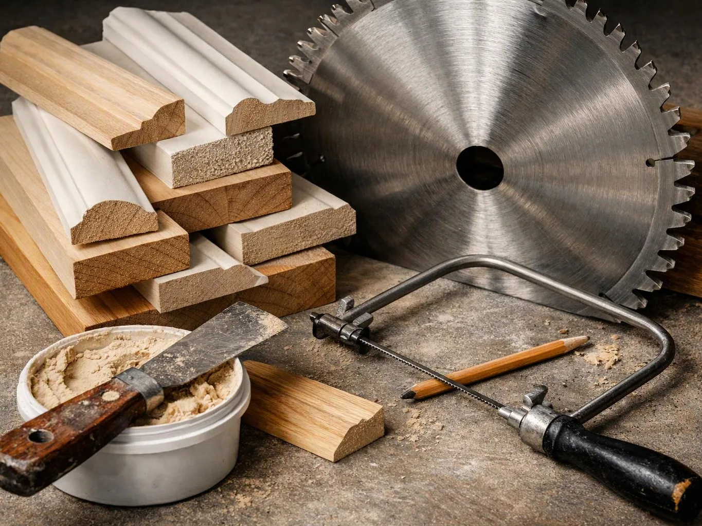 A stack of molding pieces sits beside a circular saw blade, with hand tools and wood shavings on a workbench
