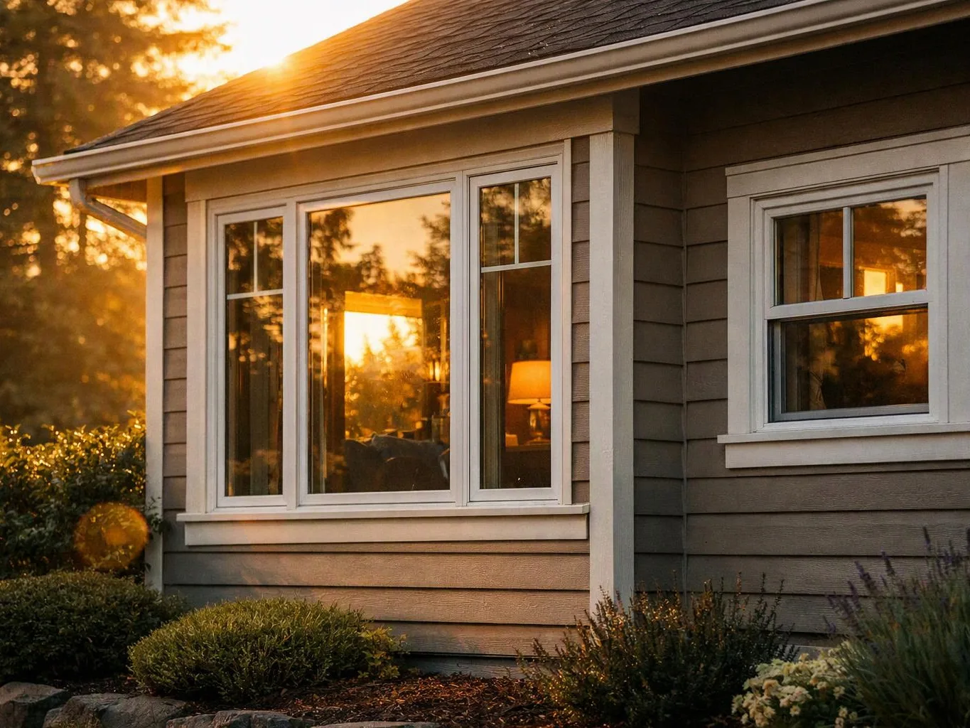 A sunlit house exterior shows white-trimmed windows, gray siding, and shrubs in a warm evening glow