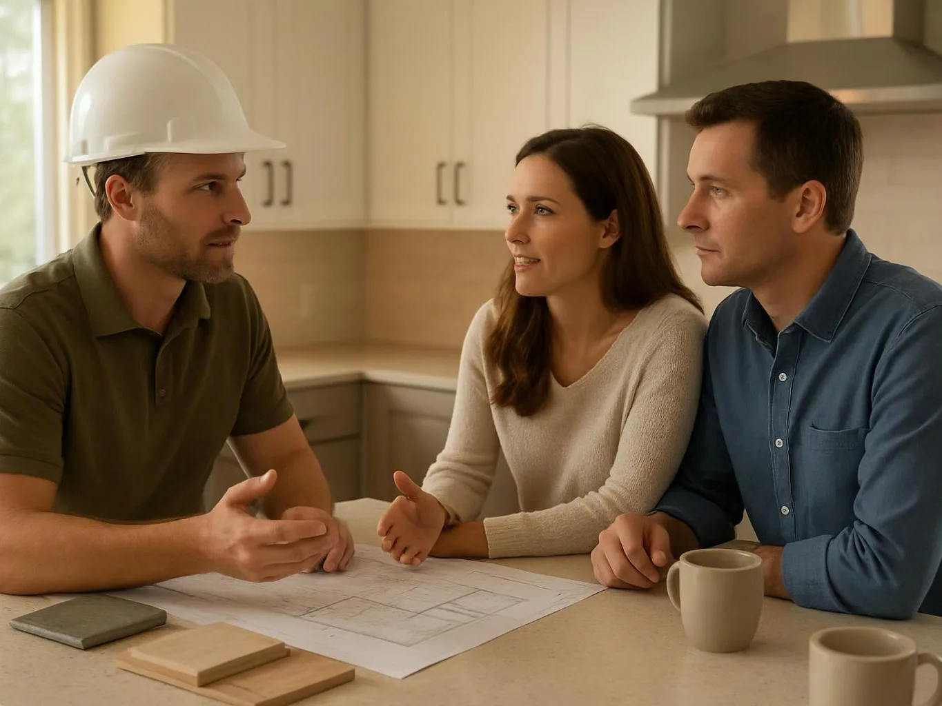 Three adults discuss house plans at a kitchen counter, with one wearing a white hard hat