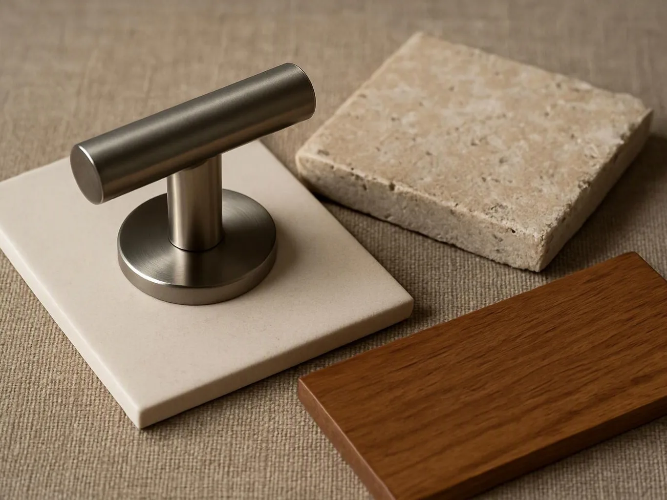 Three material samples and a brushed metal handle rest on a textured fabric surface