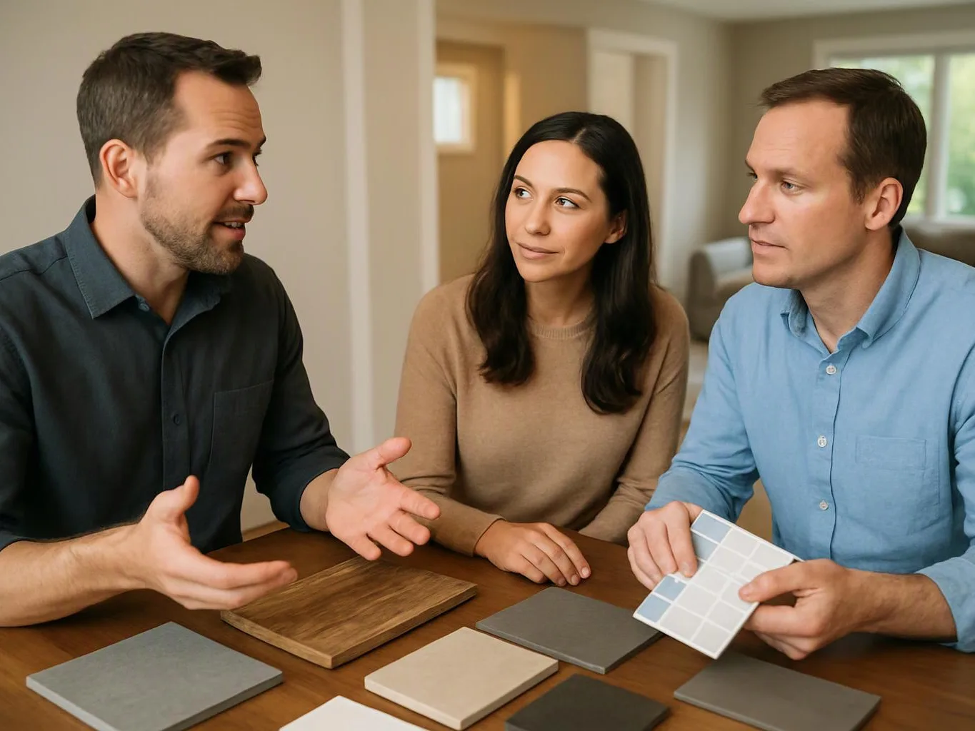 Three people sit at a table discussing material samples, with one man holding color swatches