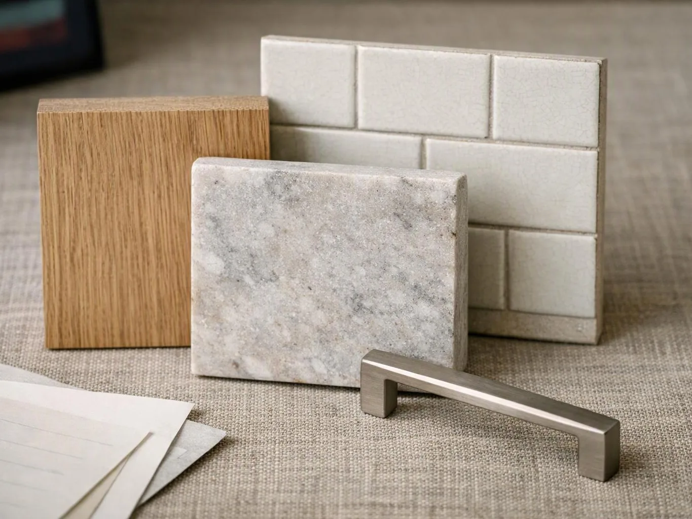 Three square sample tiles and a metal handle sit on a textured tabletop