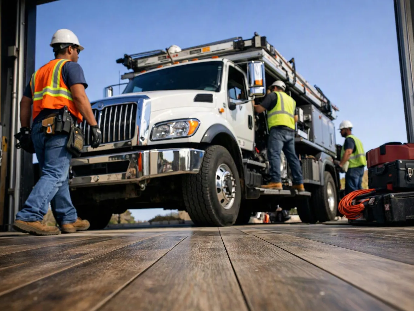 Three workers in hard hats inspect a white utility truck with ladders on a wooden floor outdoors