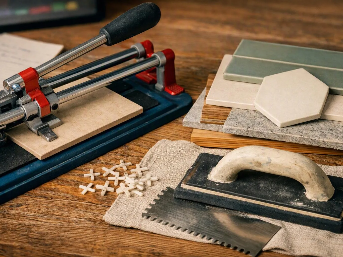 Tile cutting tools and sample tiles sit on a wooden workbench with spacers and a notched trowel