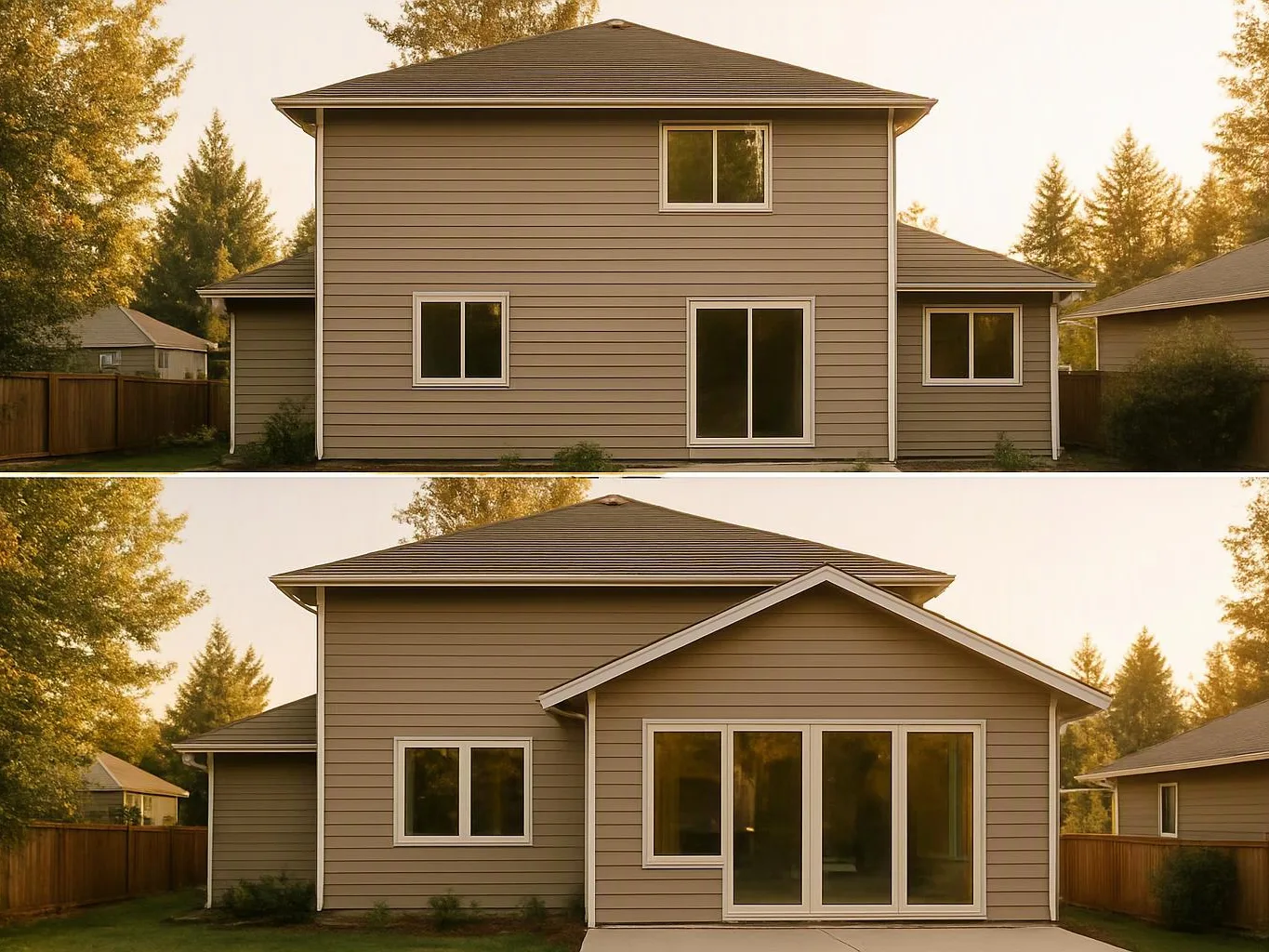 Two backyard views show a beige two-story house with white trim and large sliding glass doors at sunset