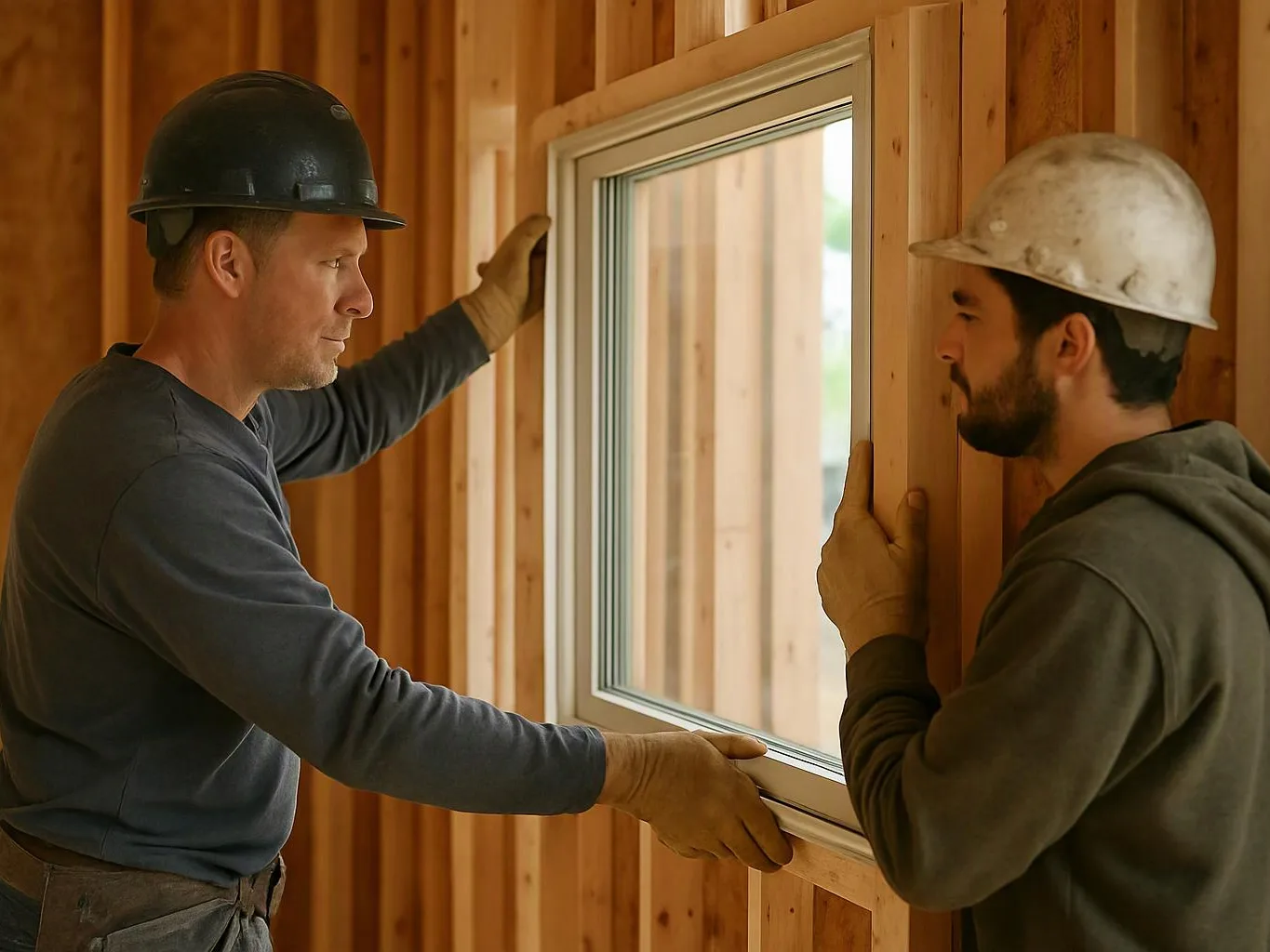 Two construction workers install a window in a wooden framed wall inside a building under construction