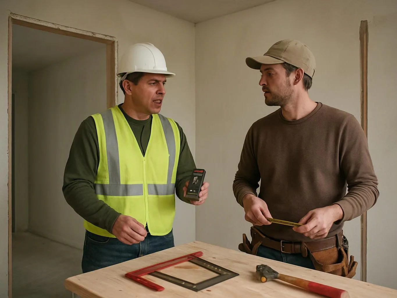 Two construction workers talk beside a worktable in an unfinished room, one holding a phone and the other a measuring tape