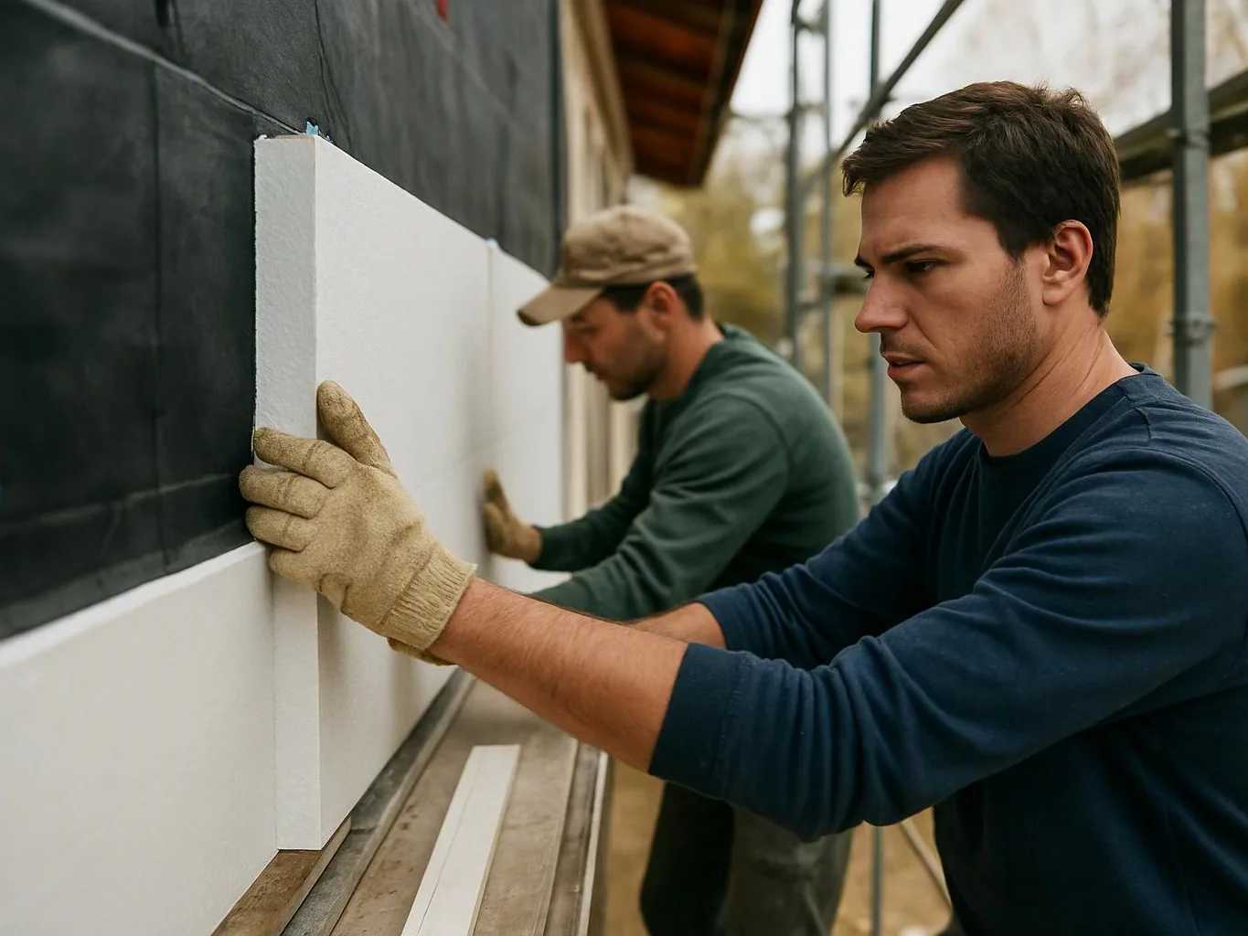 Two gloved men press white foam boards onto a dark wall beside metal scaffolding outdoors