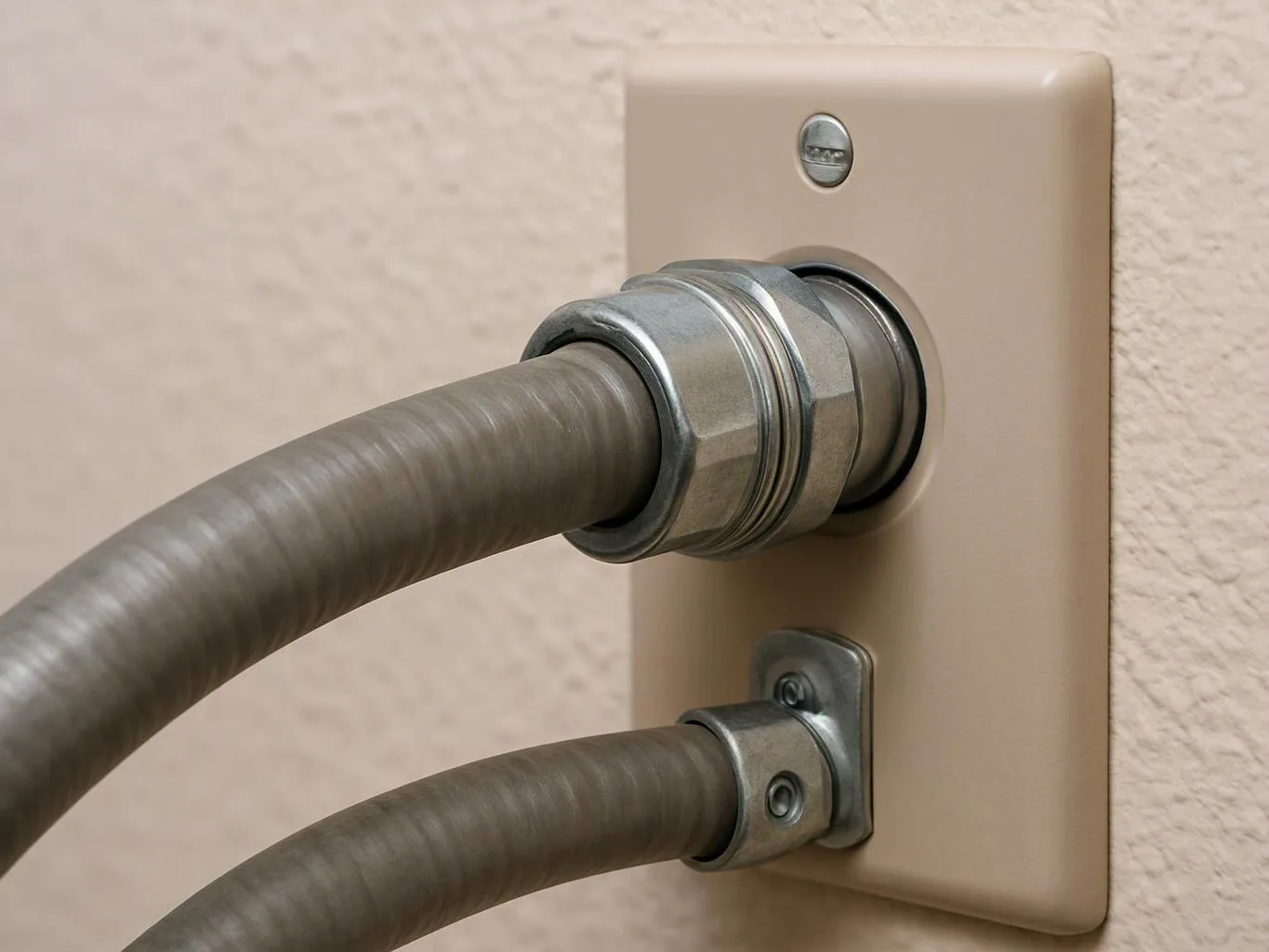 Two gray corrugated hoses connect to a beige wall plate with metal fittings on a textured wall