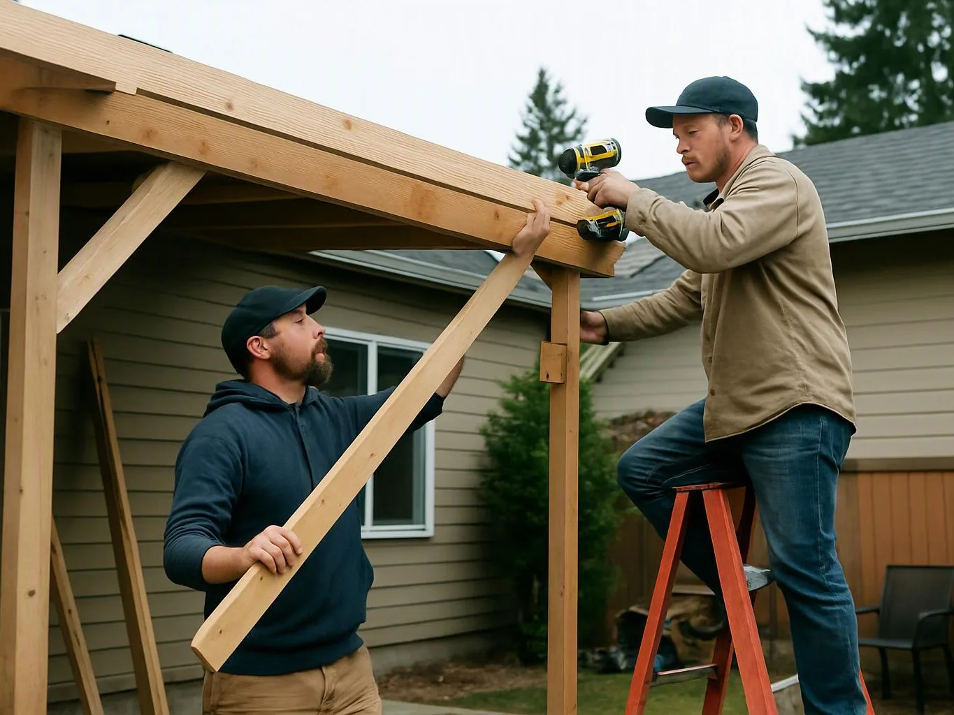 Two men build a wooden patio frame outside a house, one drilling while the other holds a brace