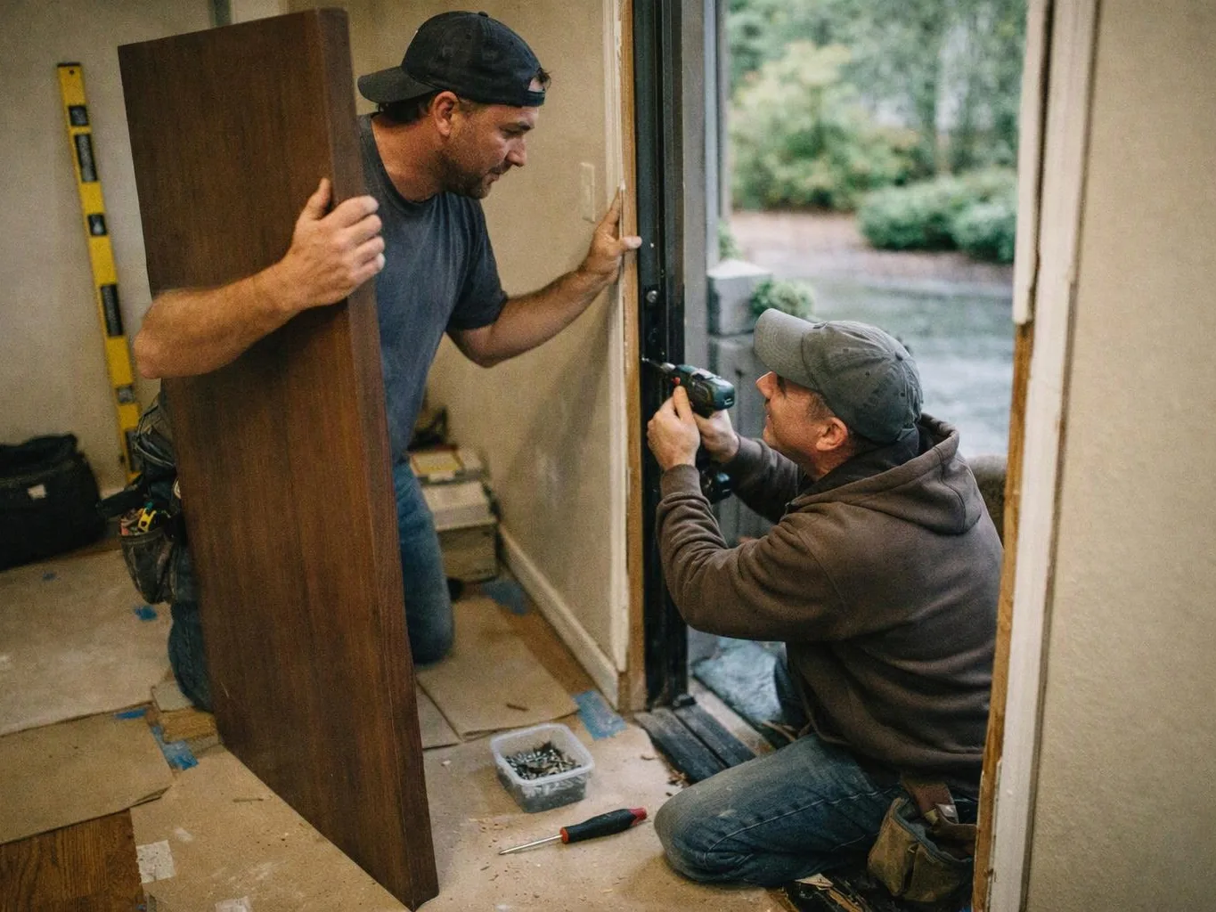Two men install a wooden door inside a room, one holding it while the other drills near the frame
