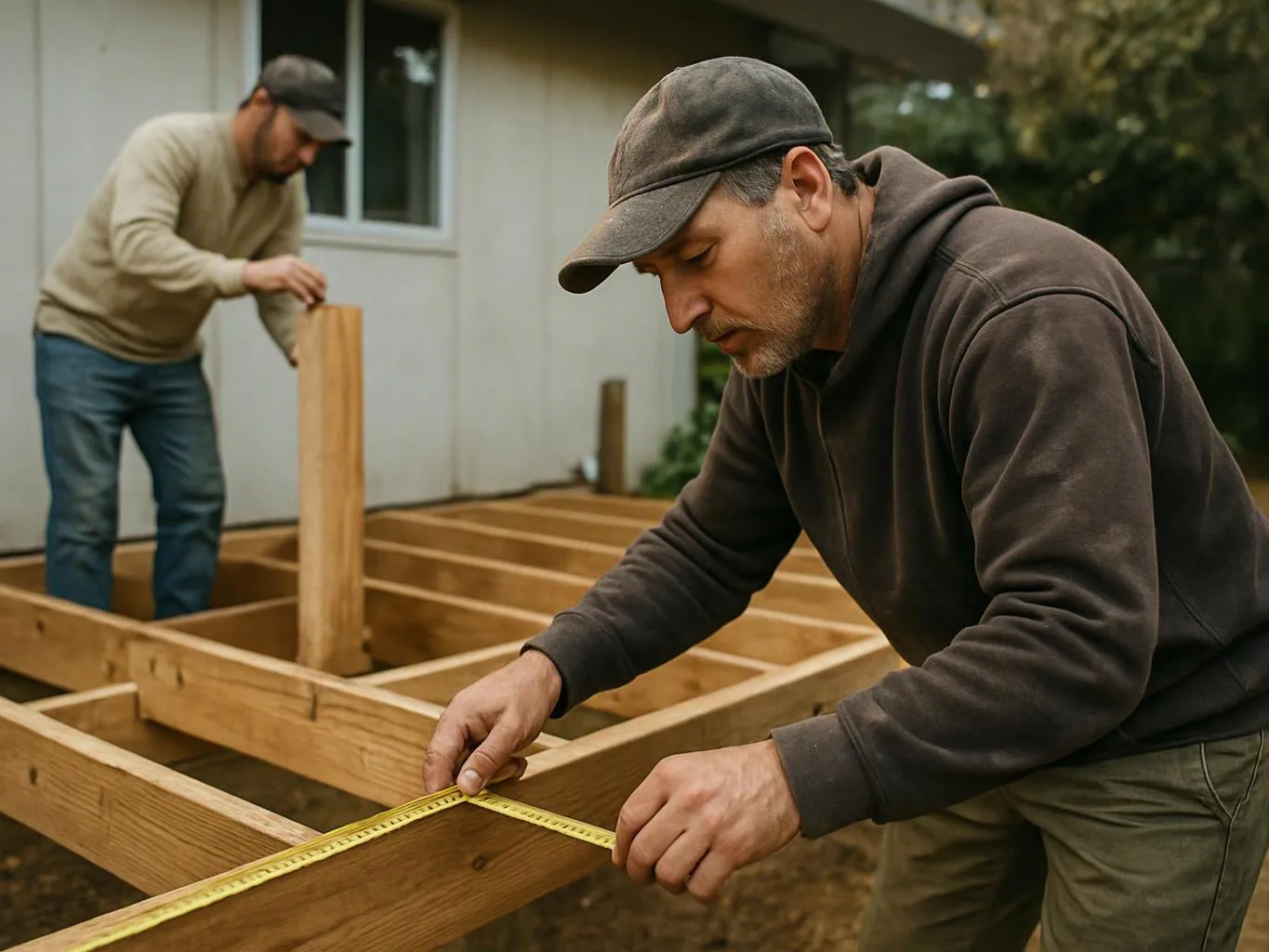 Two men measure and assemble a wooden deck frame beside a house outdoors
