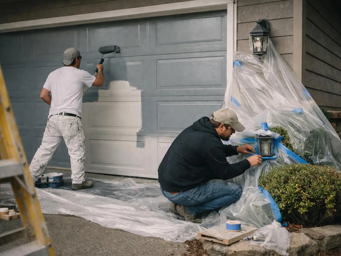 Two men paint a garage door and mask a porch light beside a house driveway