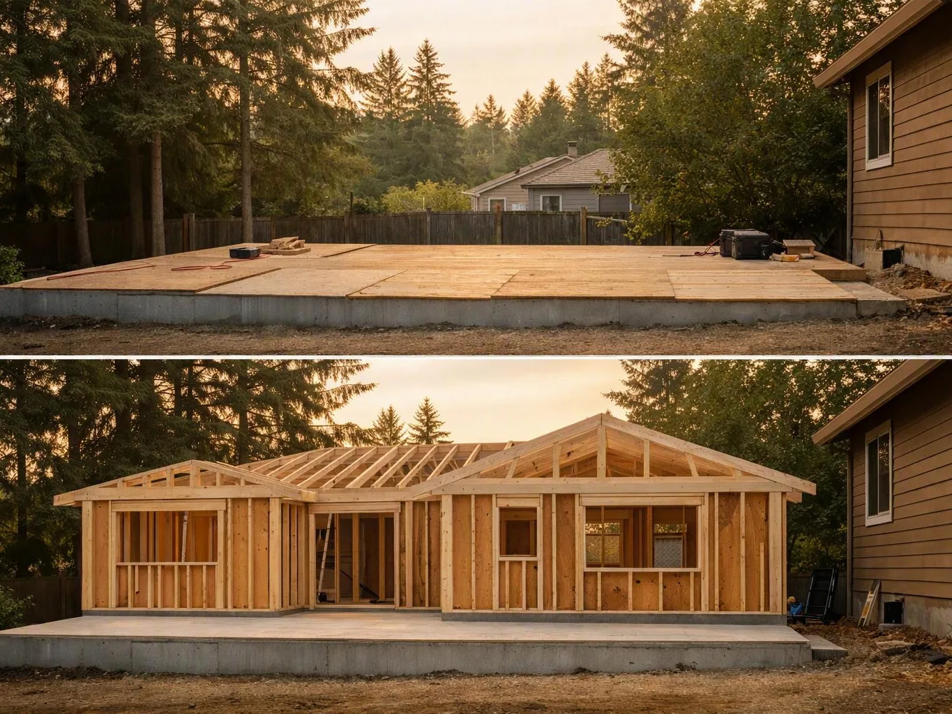 A two-panel image shows a wooden foundation being framed into a small house beside a larger home and trees