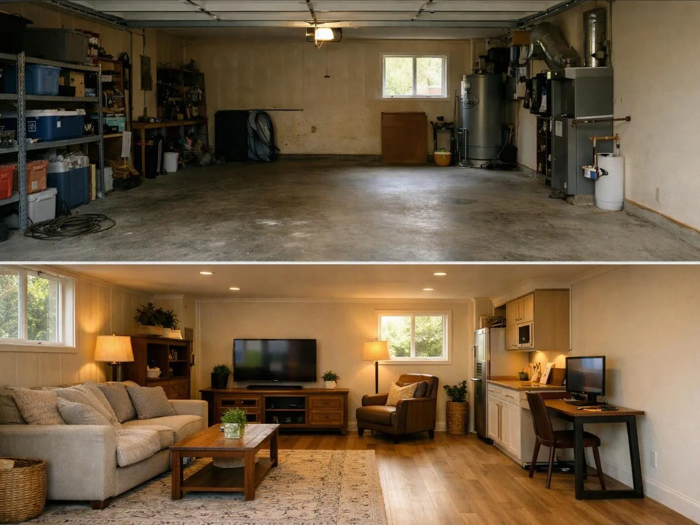 Two side-by-side rooms show a bare garage above and a warm furnished living room below