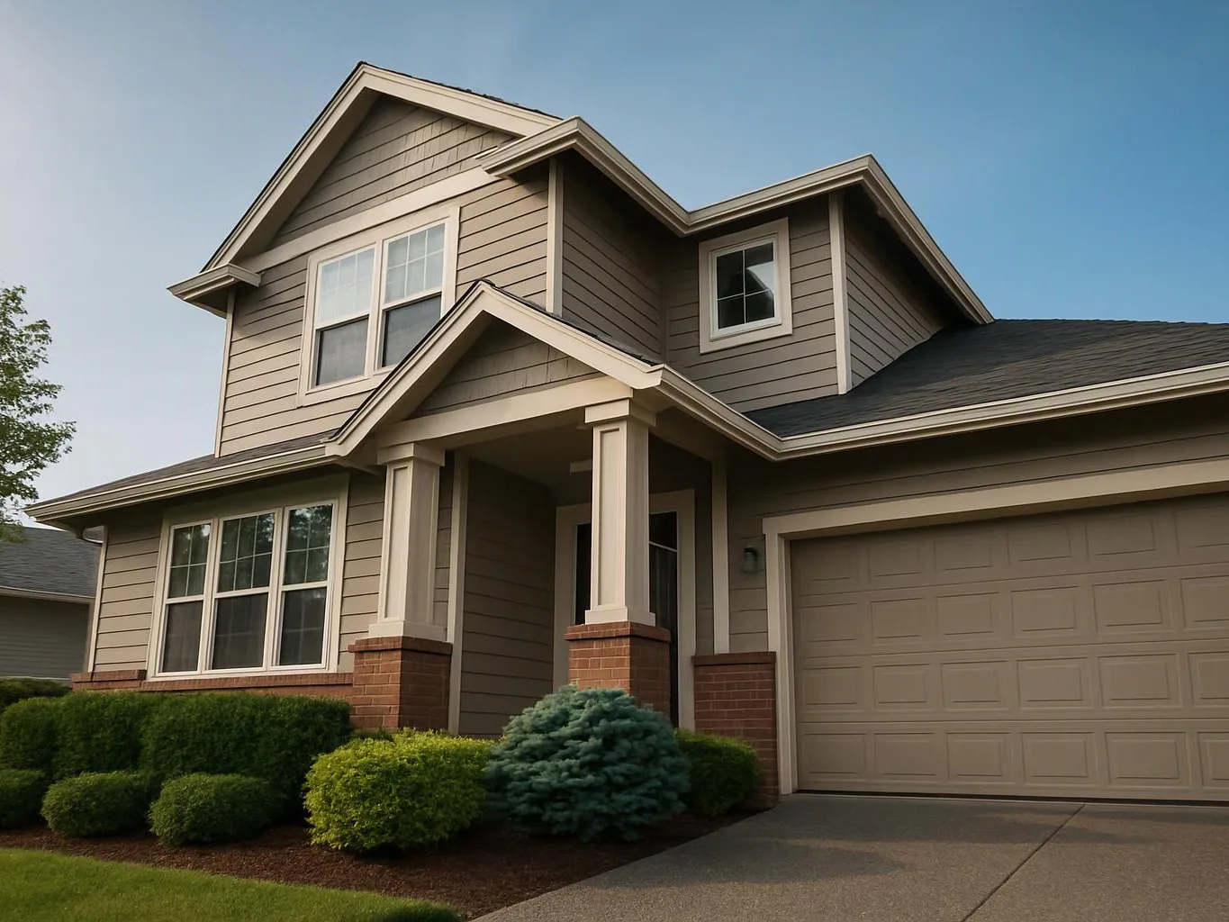 A two-story beige house with a garage, brick trim, and trimmed shrubs sits under a clear blue sky