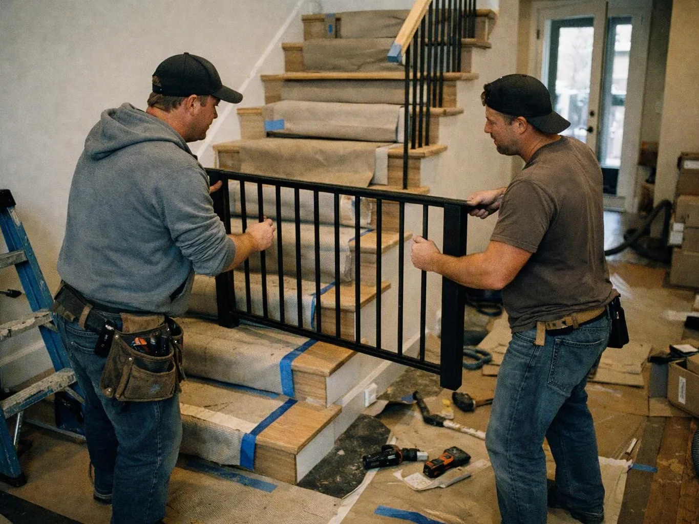 Two workers carry a black stair railing inside a house, with a wrapped staircase and tools on the floor
