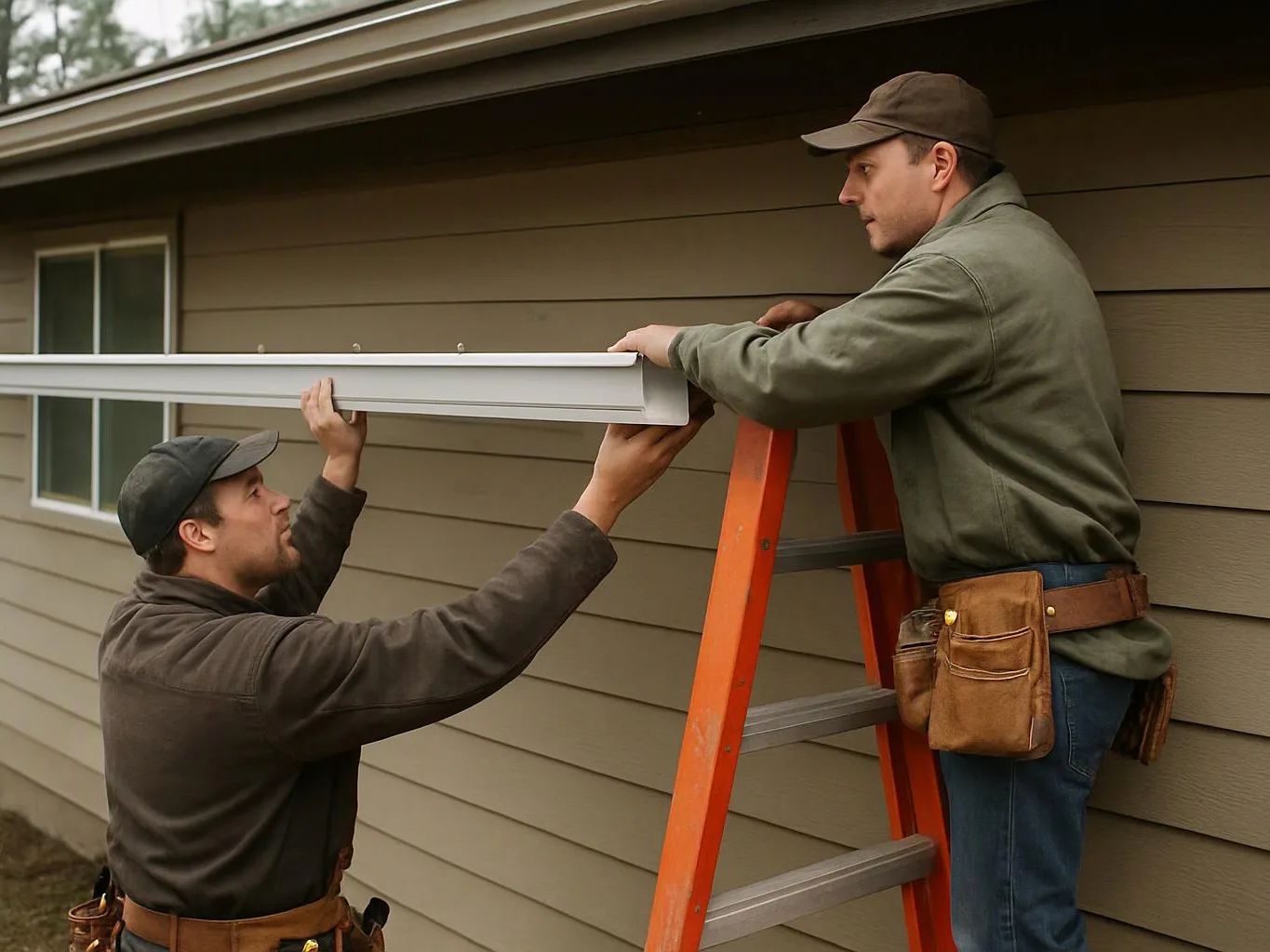 Two workers install a long white gutter beside a house, one on a ladder and one below holding it