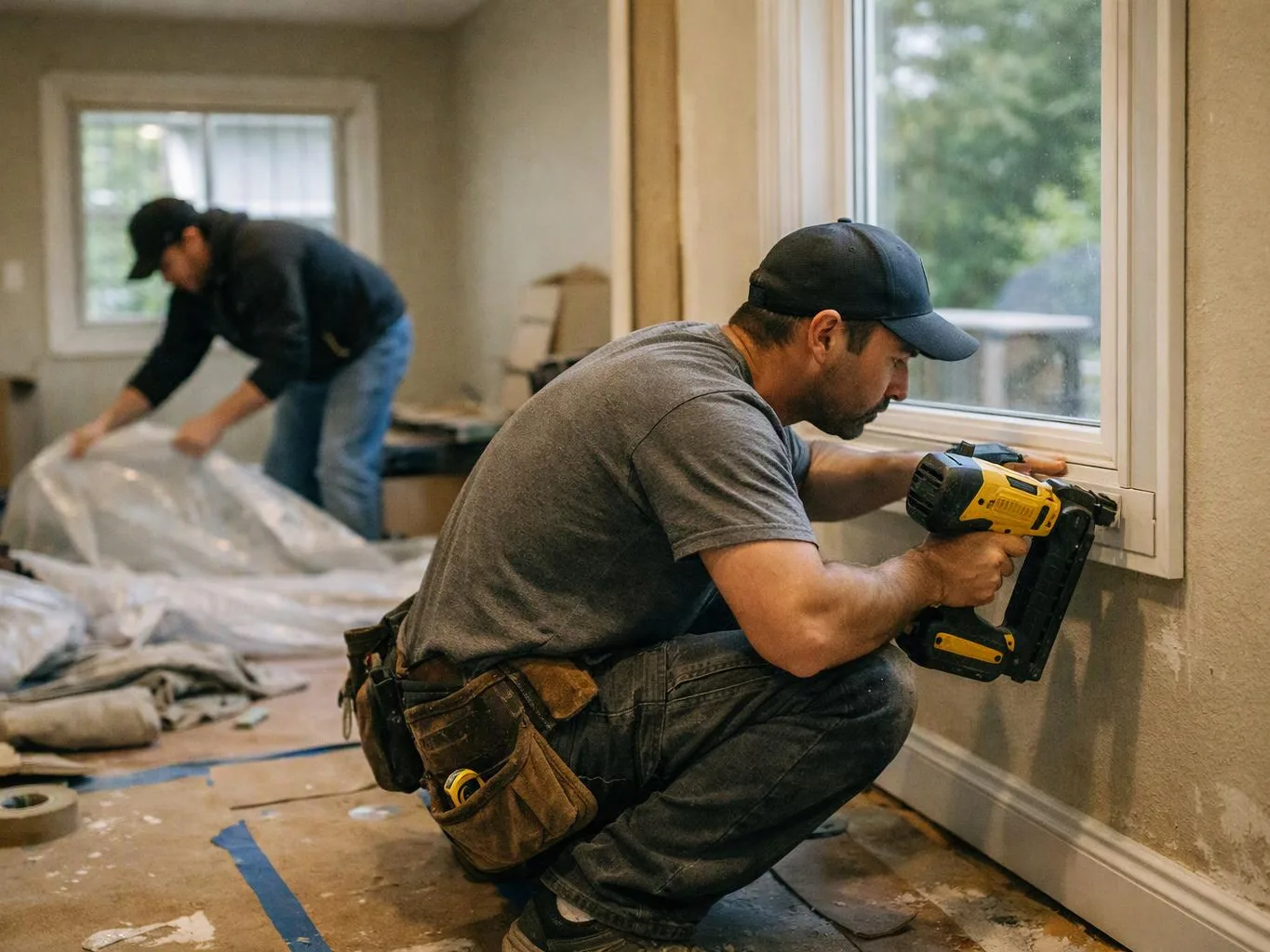 Two workers install trim and cover flooring in a room with a large window