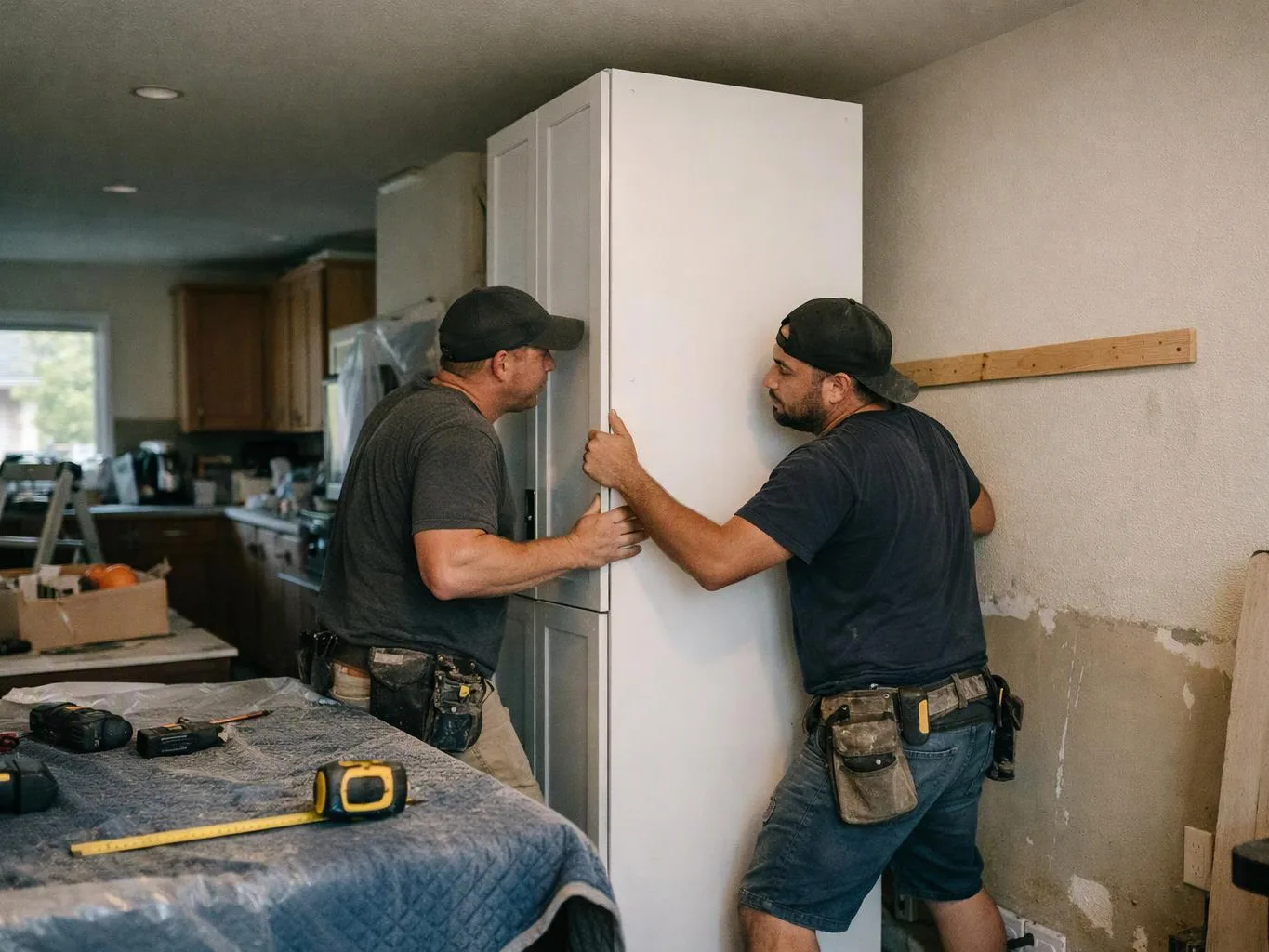 Two workers in a kitchen push a tall white cabinet into place beside the wall