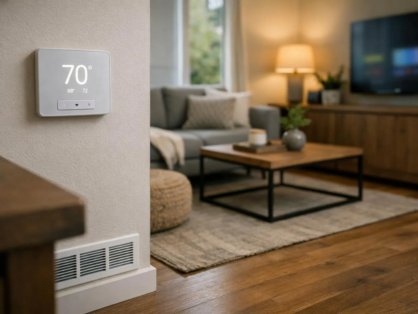 A wall thermostat shows 70 degrees beside a cozy living room with sofa, coffee table, lamp, and TV