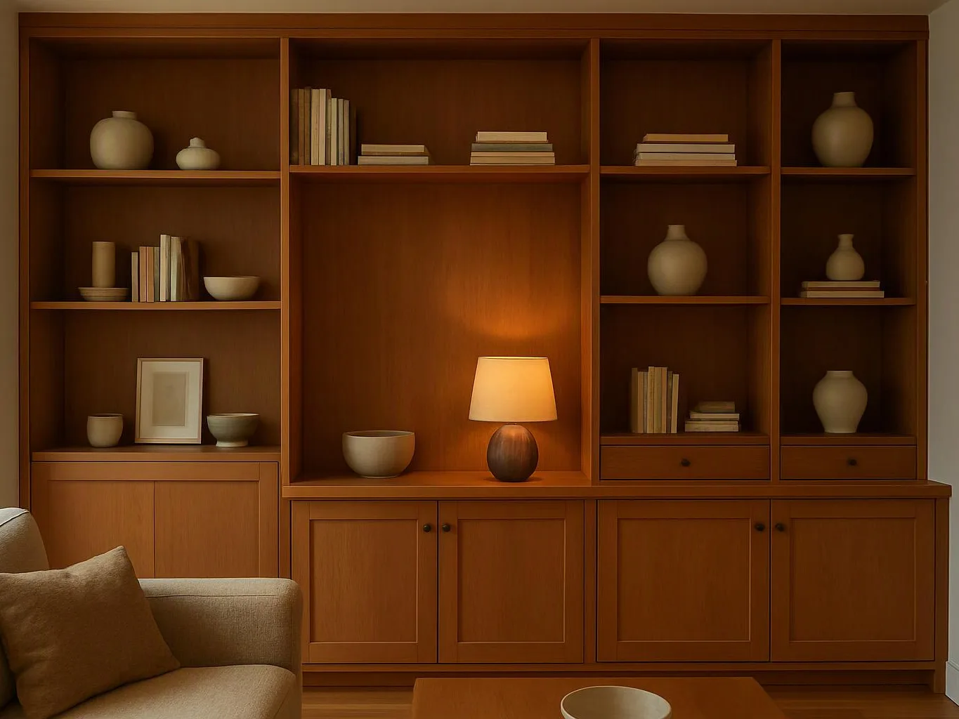 A warm wooden shelving wall holds books, ceramic vases, and a lit table lamp above cabinets