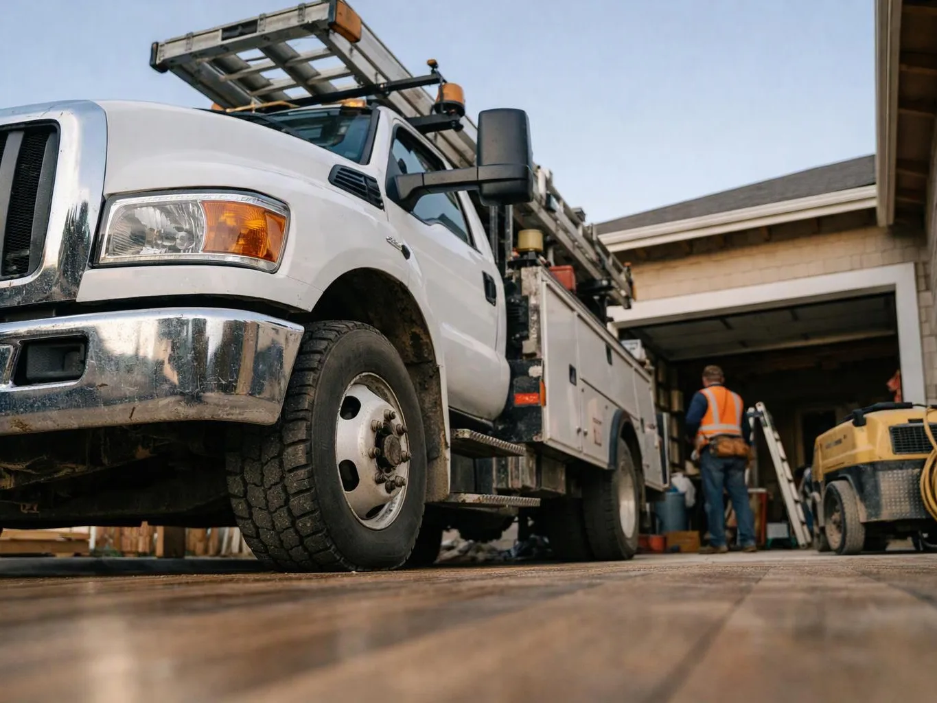 A white utility truck with a ladder rack sits in a driveway while a worker stands near an open garage with tools