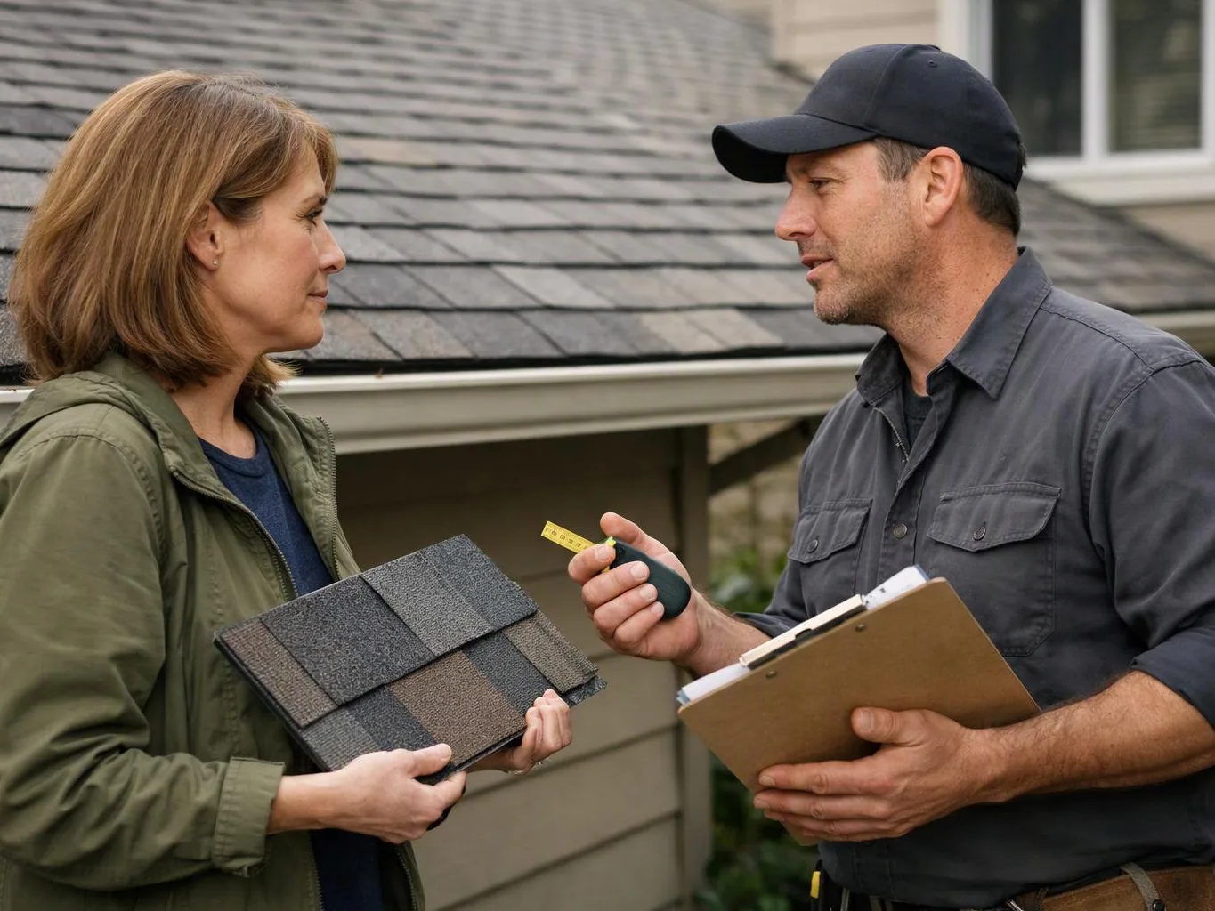 A woman holds roofing shingles while a man with a clipboard and tape measure talks beside a house