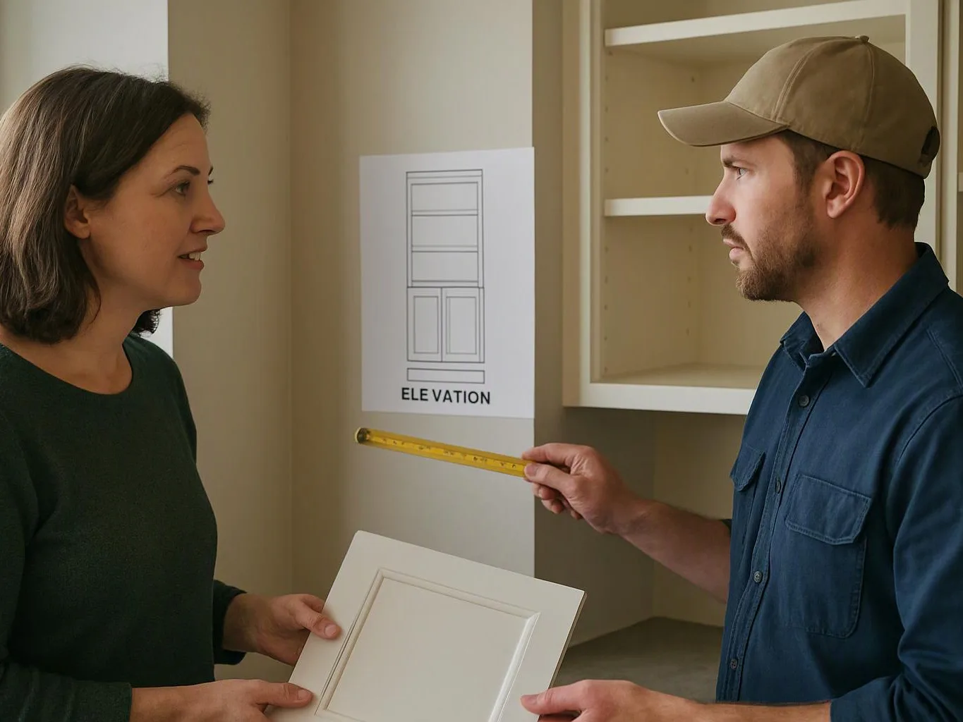 A woman and a man measure a cabinet wall, with an elevation drawing posted beside open shelving