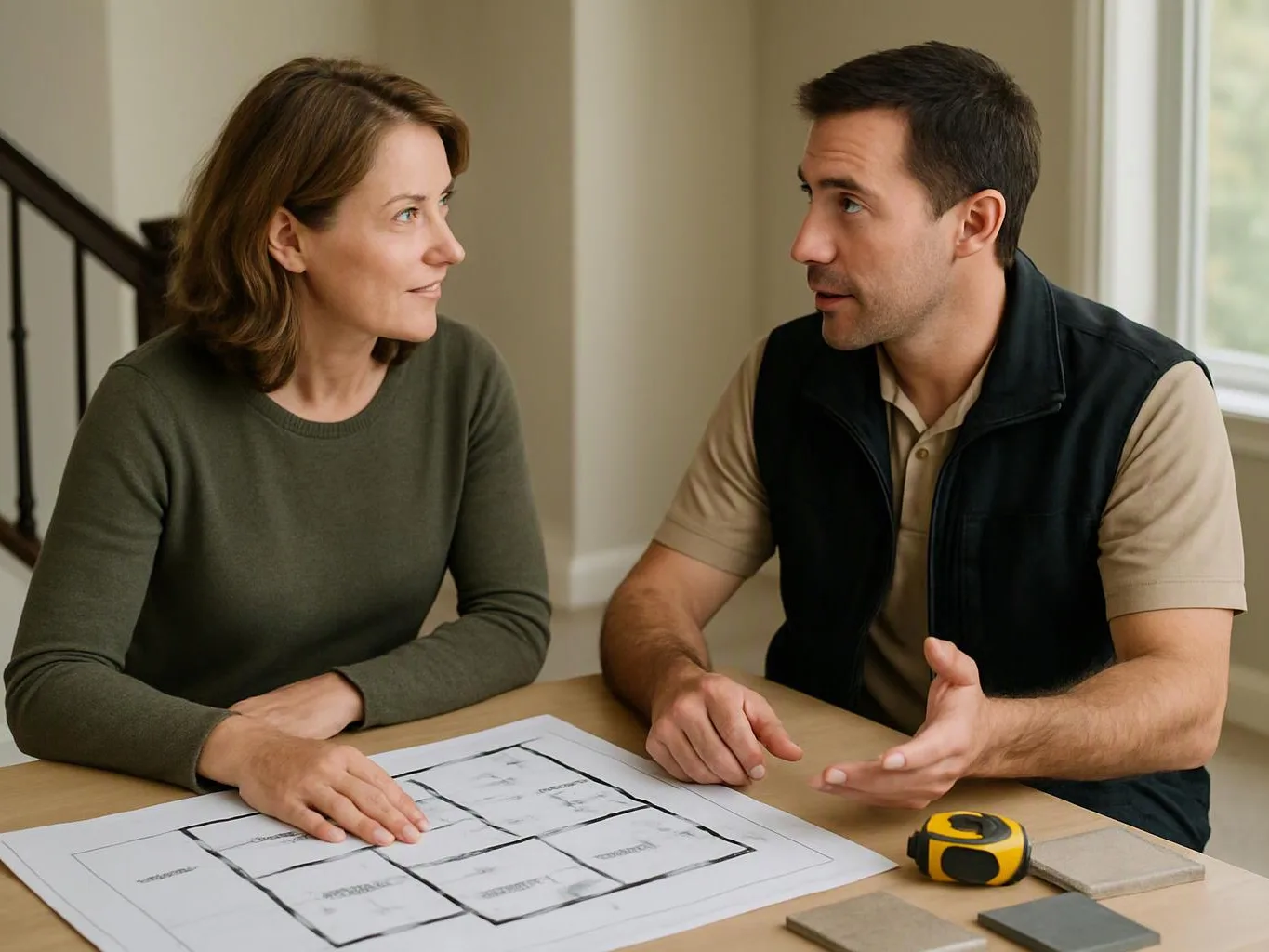 A woman and man sit at a table, studying floor plans and talking in a bright room