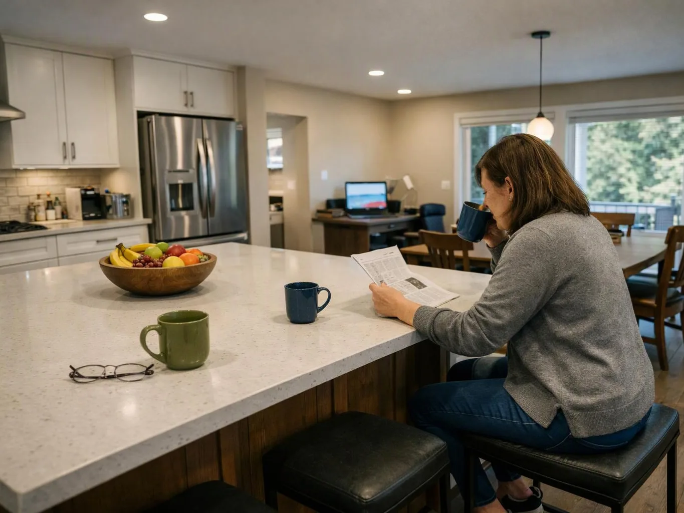A woman sits at a kitchen island, reading paper and sipping from a mug beside fruit and glasses