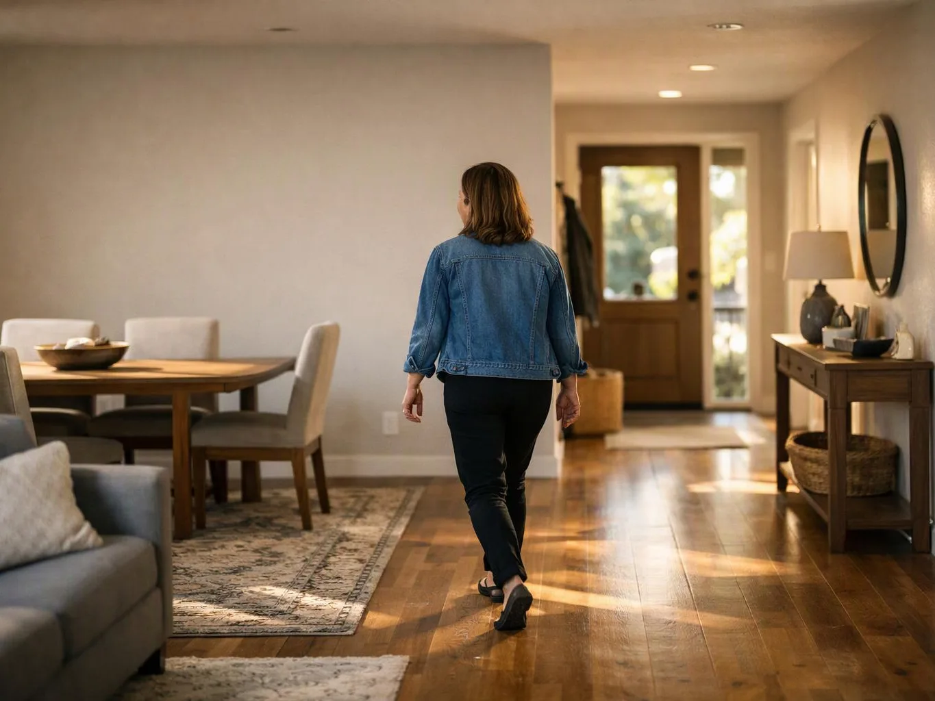 A woman walks through a bright living and dining room toward the front door