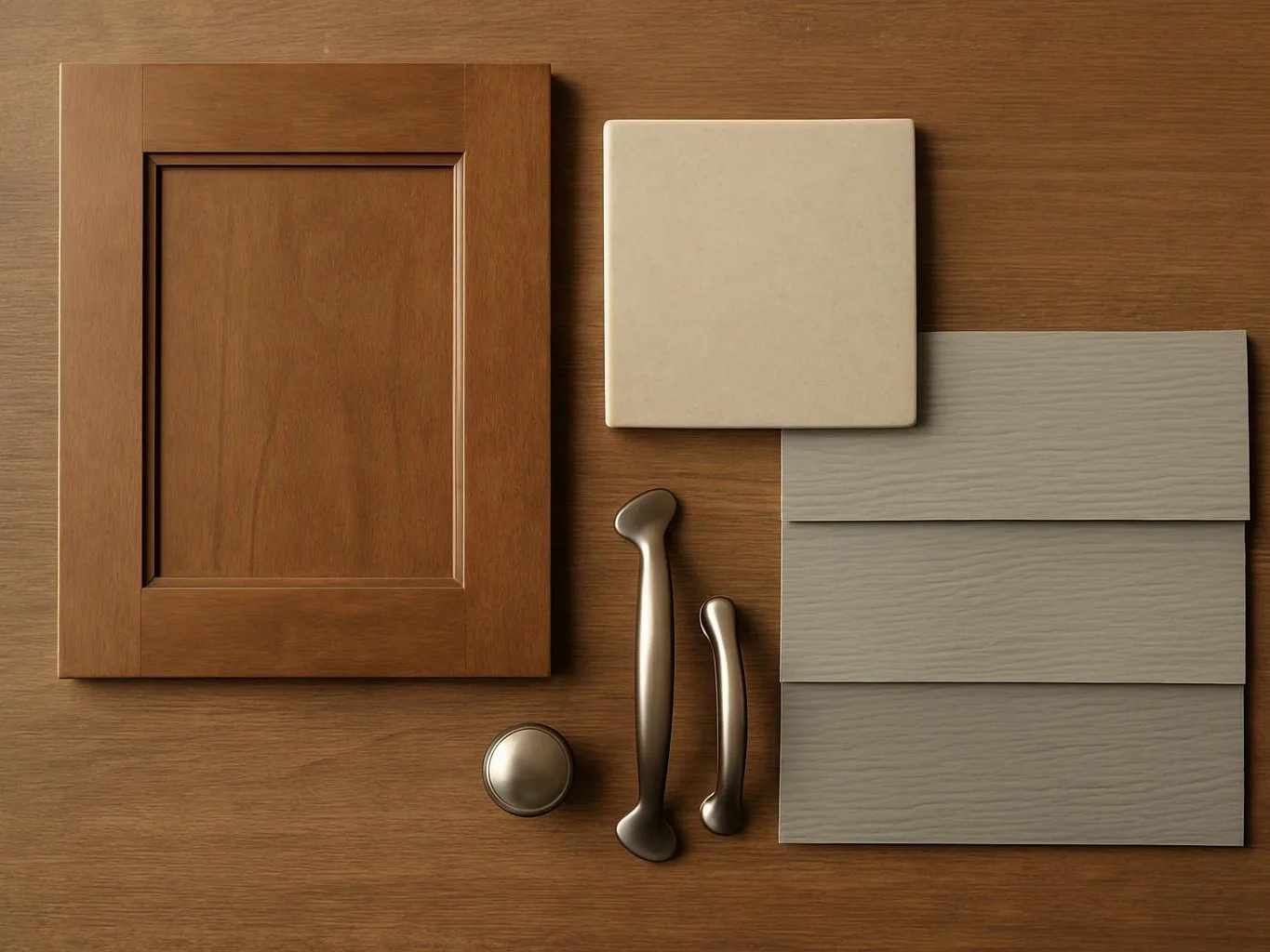 Wood cabinet door samples, a cream square panel, metal handles, and gray finish swatches lie on a wooden surface