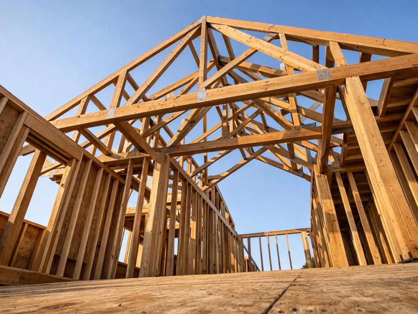 Wood framing rises around an unfinished house interior under a clear blue sky