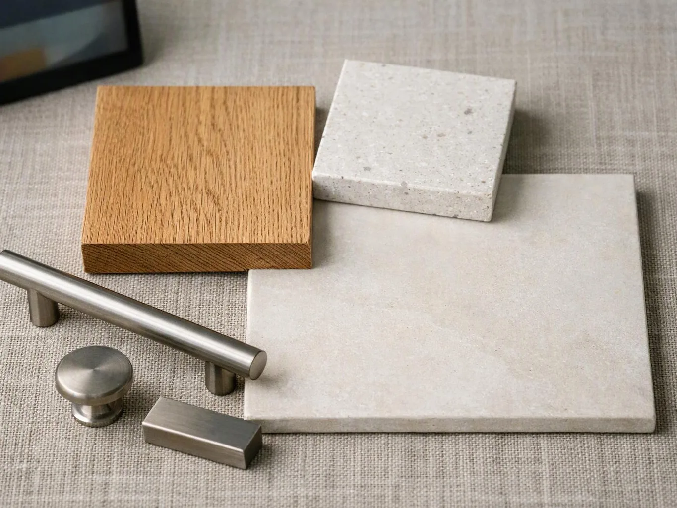 Wood, stone, and brushed metal hardware samples lie on a gray fabric surface