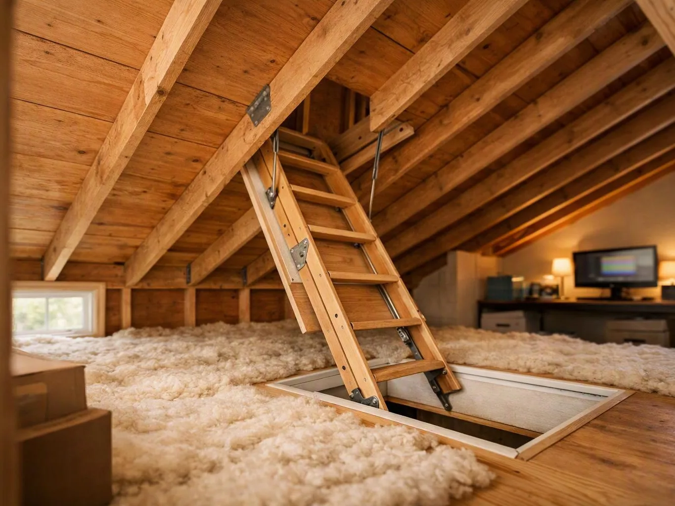 A wooden attic ladder opens through a floor hatch in a cozy insulated attic room