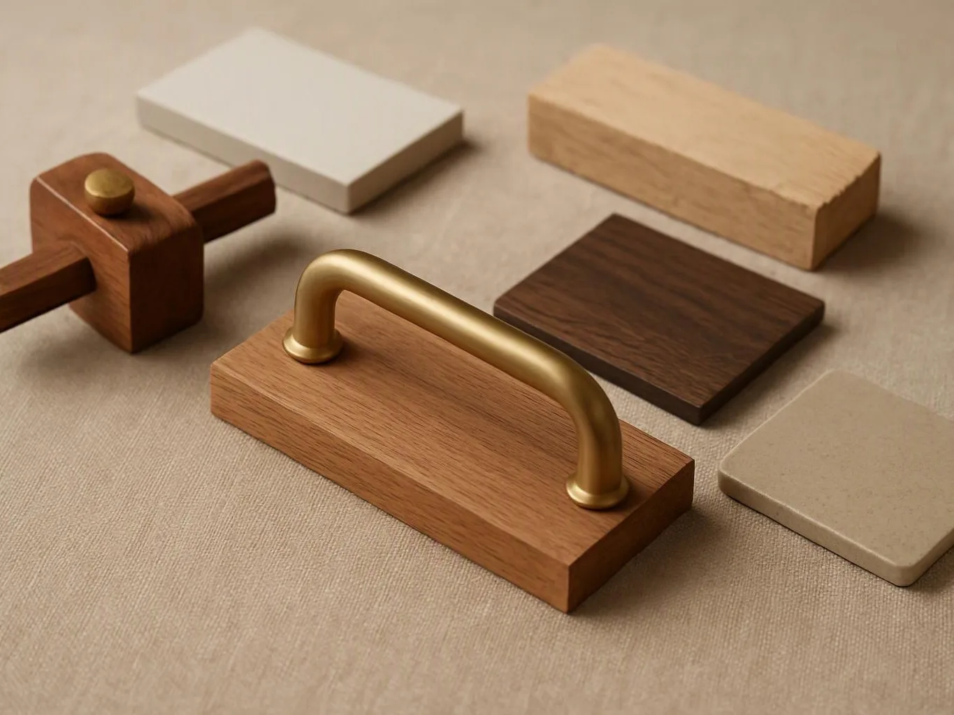 Wooden and beige sample blocks surround a brass handle on a textured fabric surface
