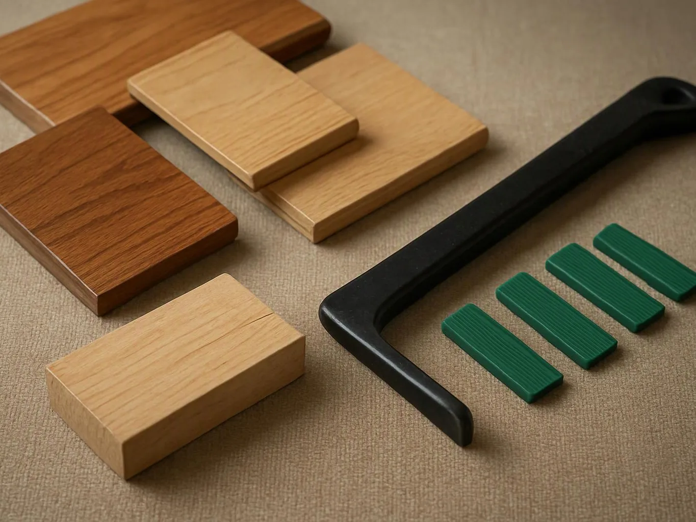 Wooden blocks and a black curved piece with green strips lie on a beige fabric surface