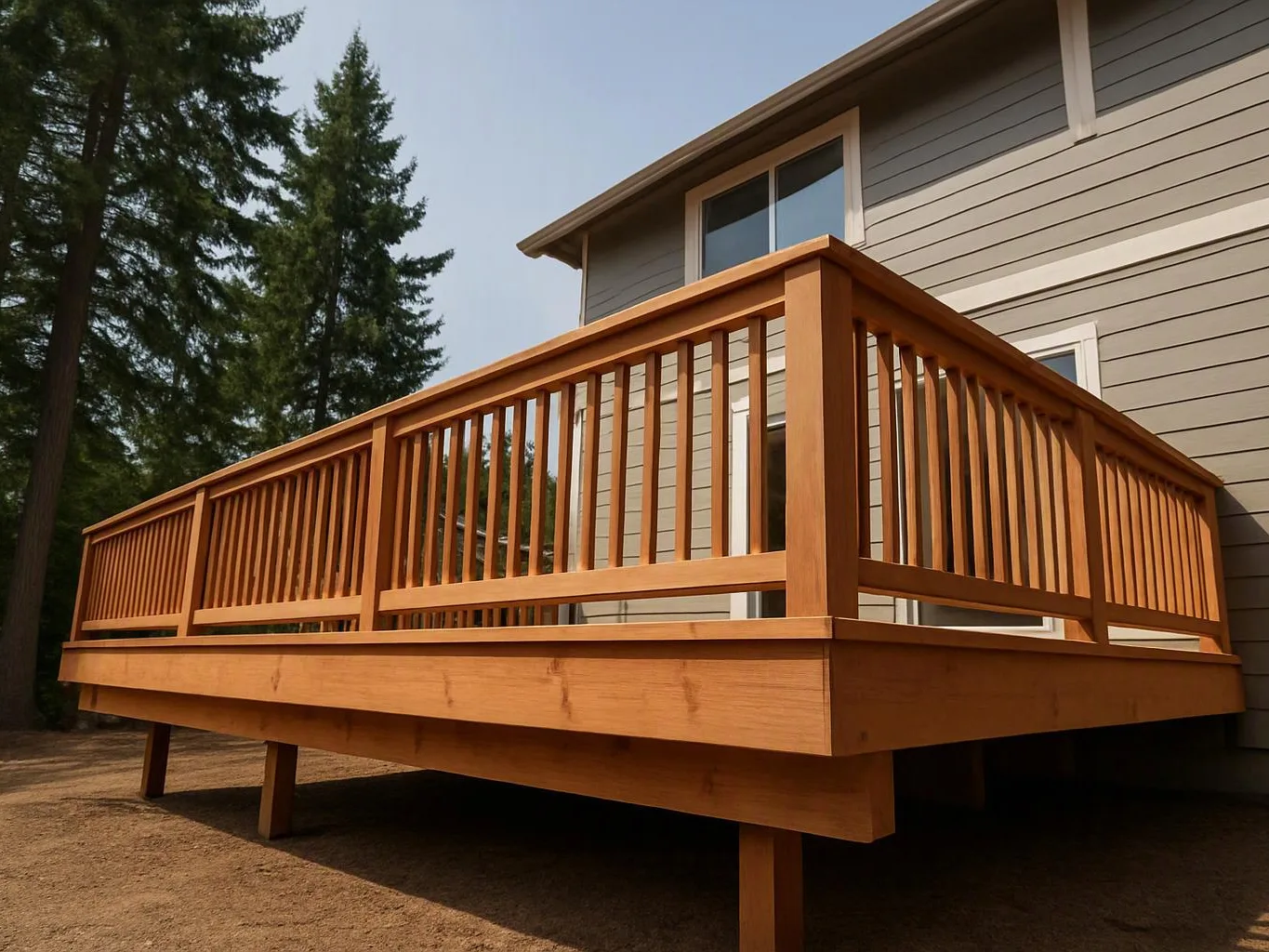 A wooden deck with railings wraps around the side of a beige house beside tall trees