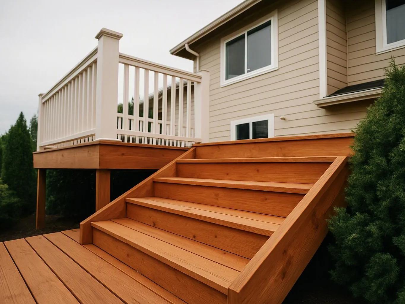 Wooden deck stairs lead up to a beige house beside a white-railed platform and green shrubs