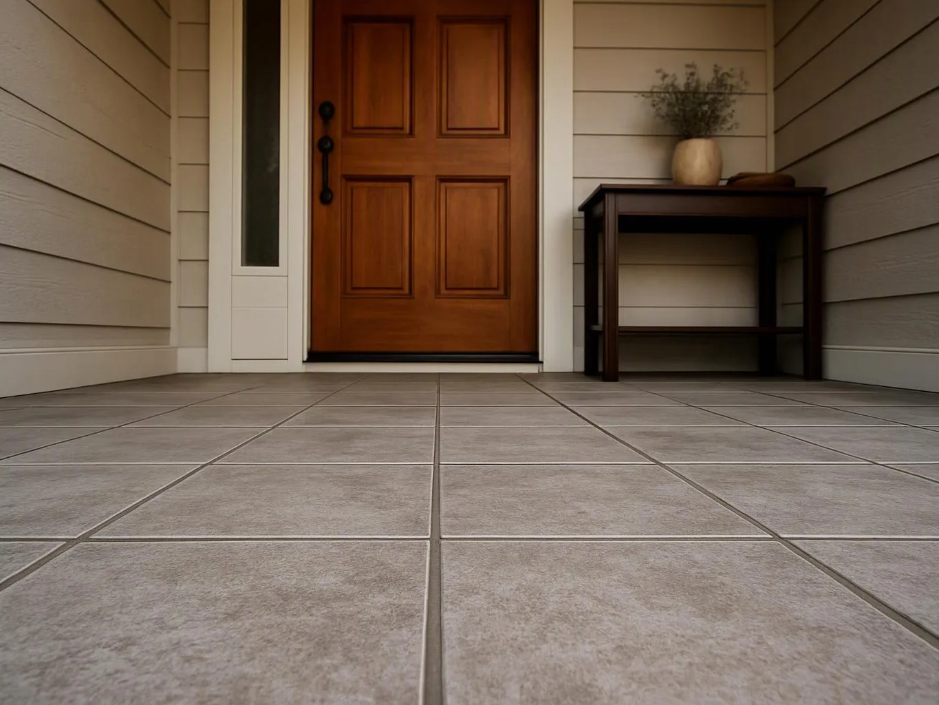 A wooden front door sits beside a small table with a vase on a tiled porch
