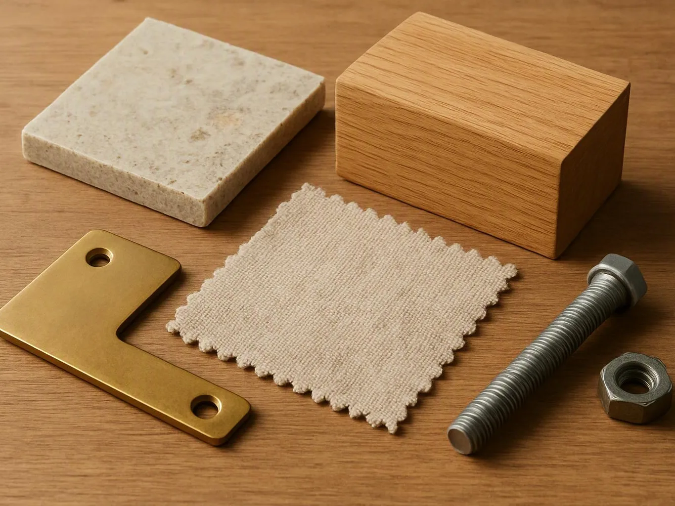 A wooden tabletop displays assorted material samples, a brass bracket, fabric swatch, bolt, and nut