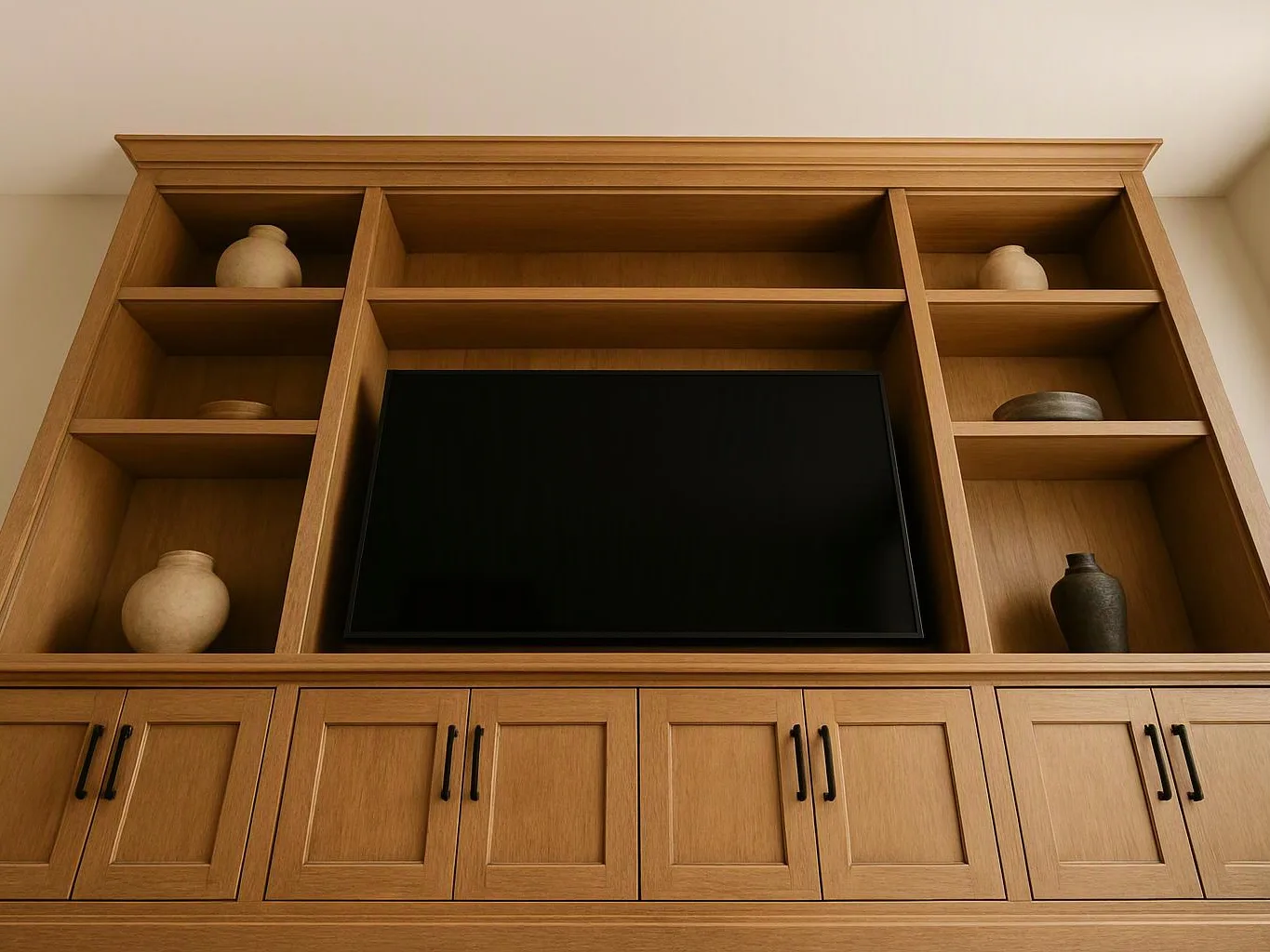 A wooden wall cabinet holds a black TV and a few decorative vases on open shelves