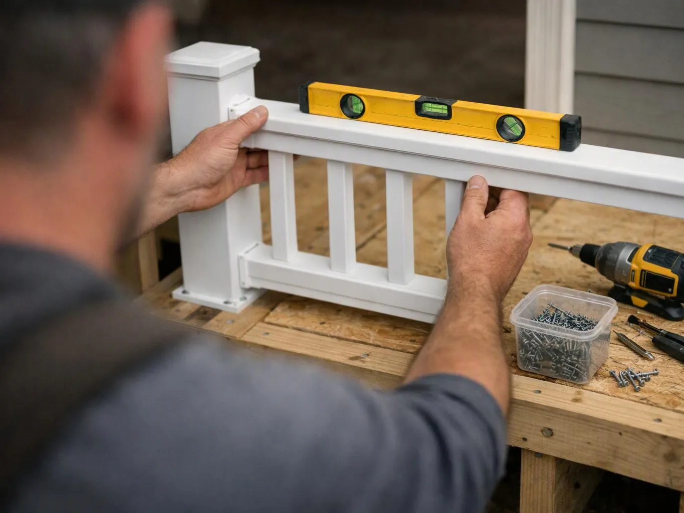 A worker aligns a white railing section with a yellow level on a wooden workbench, surrounded by tools and screws