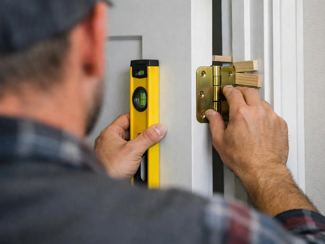 A worker checks a door hinge with a yellow level while adjusting wooden shims on a white frame