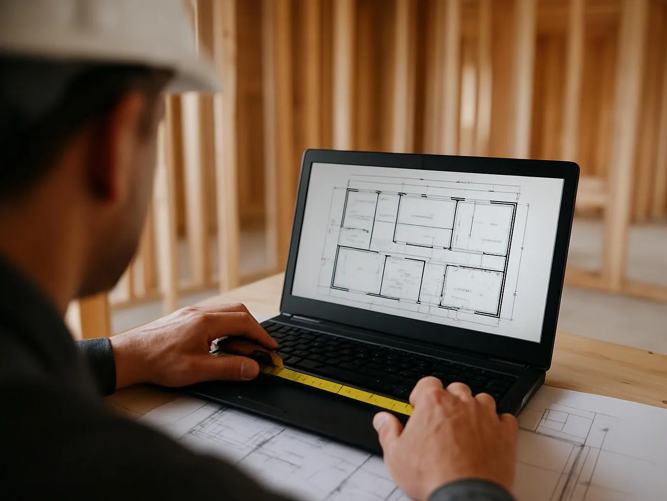 A worker in a hard hat measures a laptop showing a floor plan inside a wooden framed room