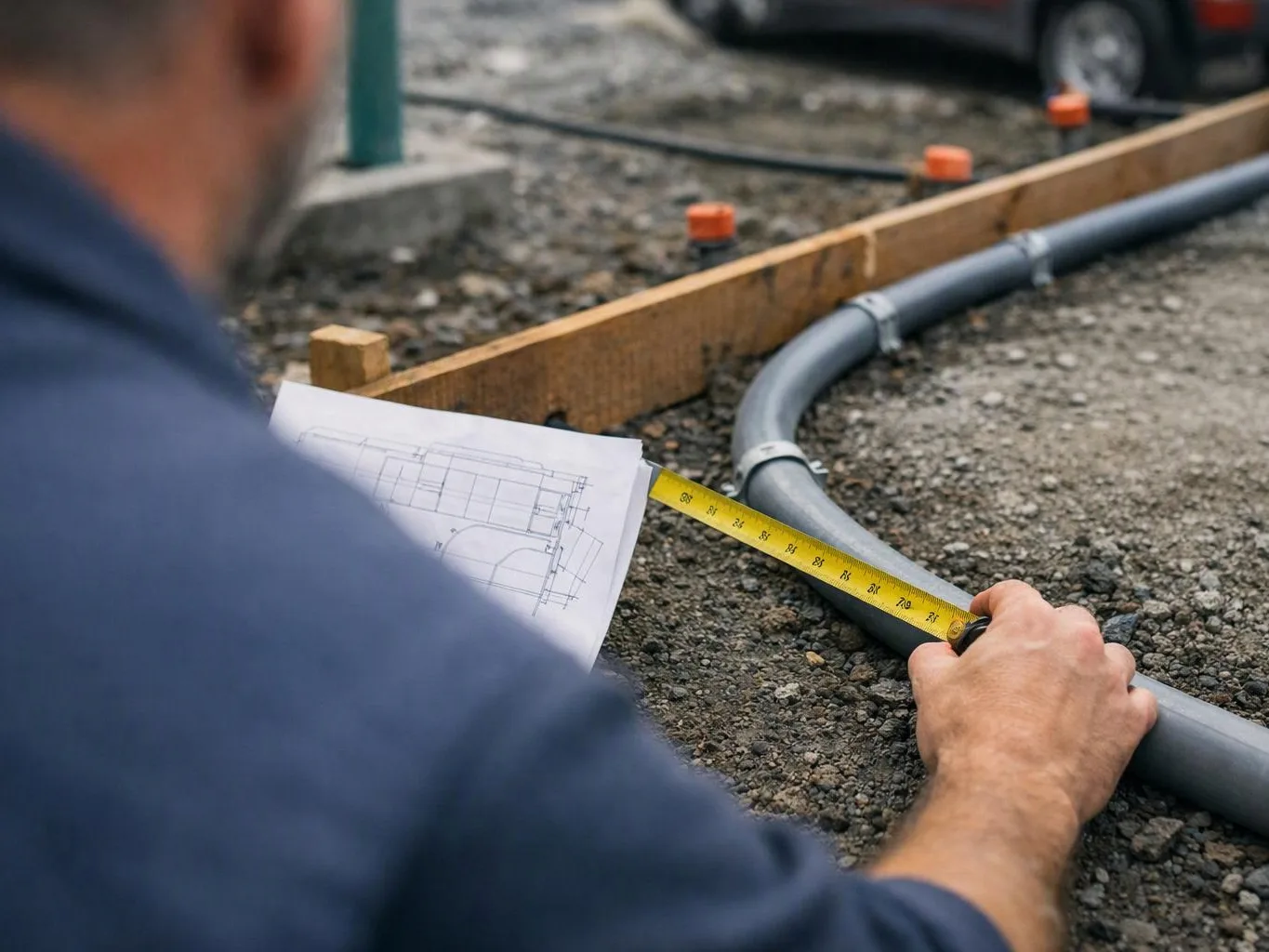 A worker measures a curved gray pipe with a yellow tape beside a blueprint on gravel