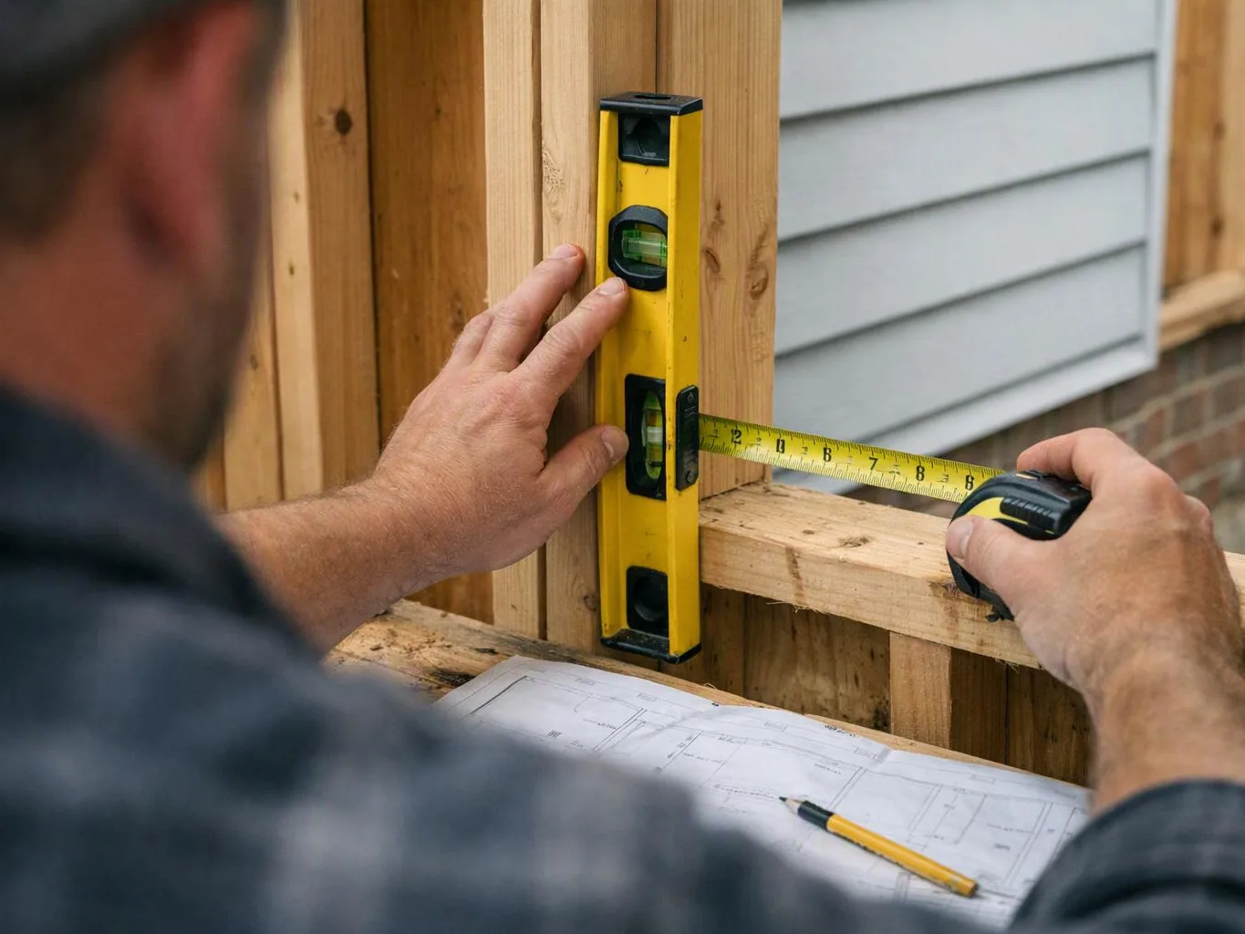 A worker measures a wooden frame with a tape measure and level beside plans on a construction site